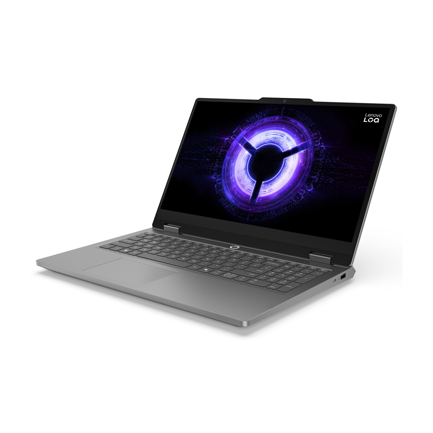 Un laptop Lenovo grigio con un vibrante sfondo viola visualizzato sul suo schermo.