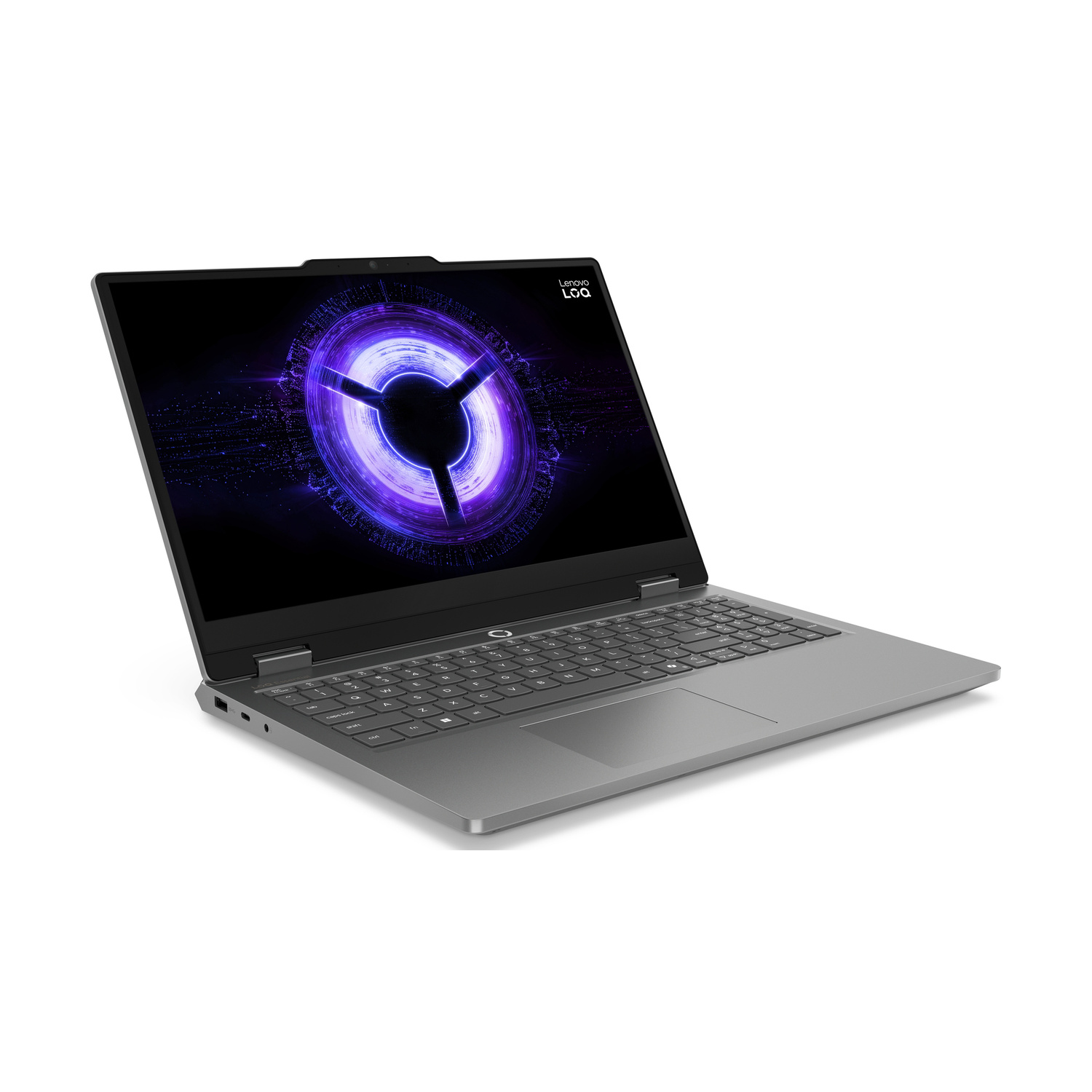 Un laptop Lenovo grigio mostra un motivo viola futuristico sul suo schermo.