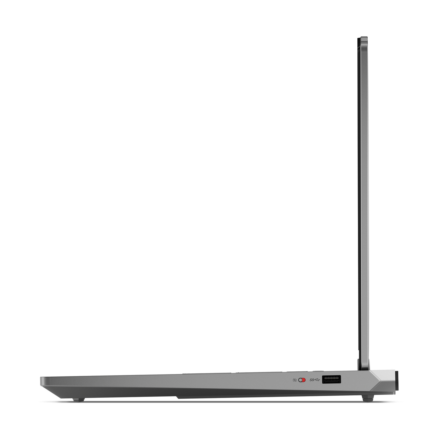 Vista laterale di un laptop grigio con porta USB e icone.