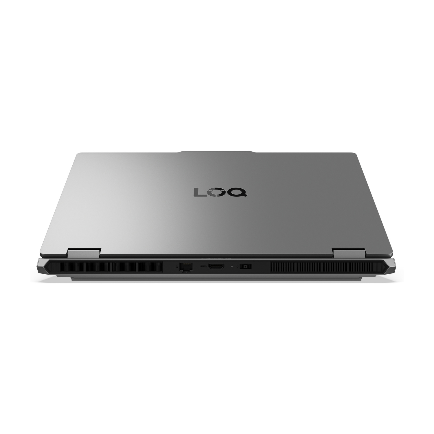 Un laptop argentato chiuso con il logo 'LOQ' sul coperchio.