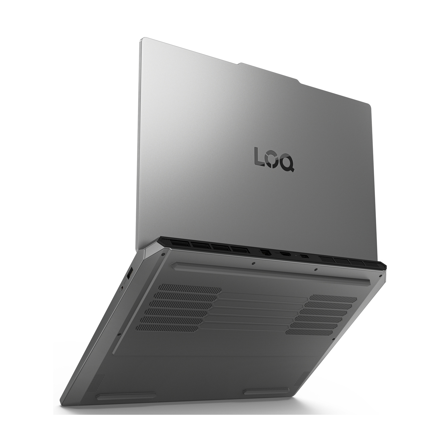 Laptop grigio con logo LOQ, mostrato da sotto e da dietro.