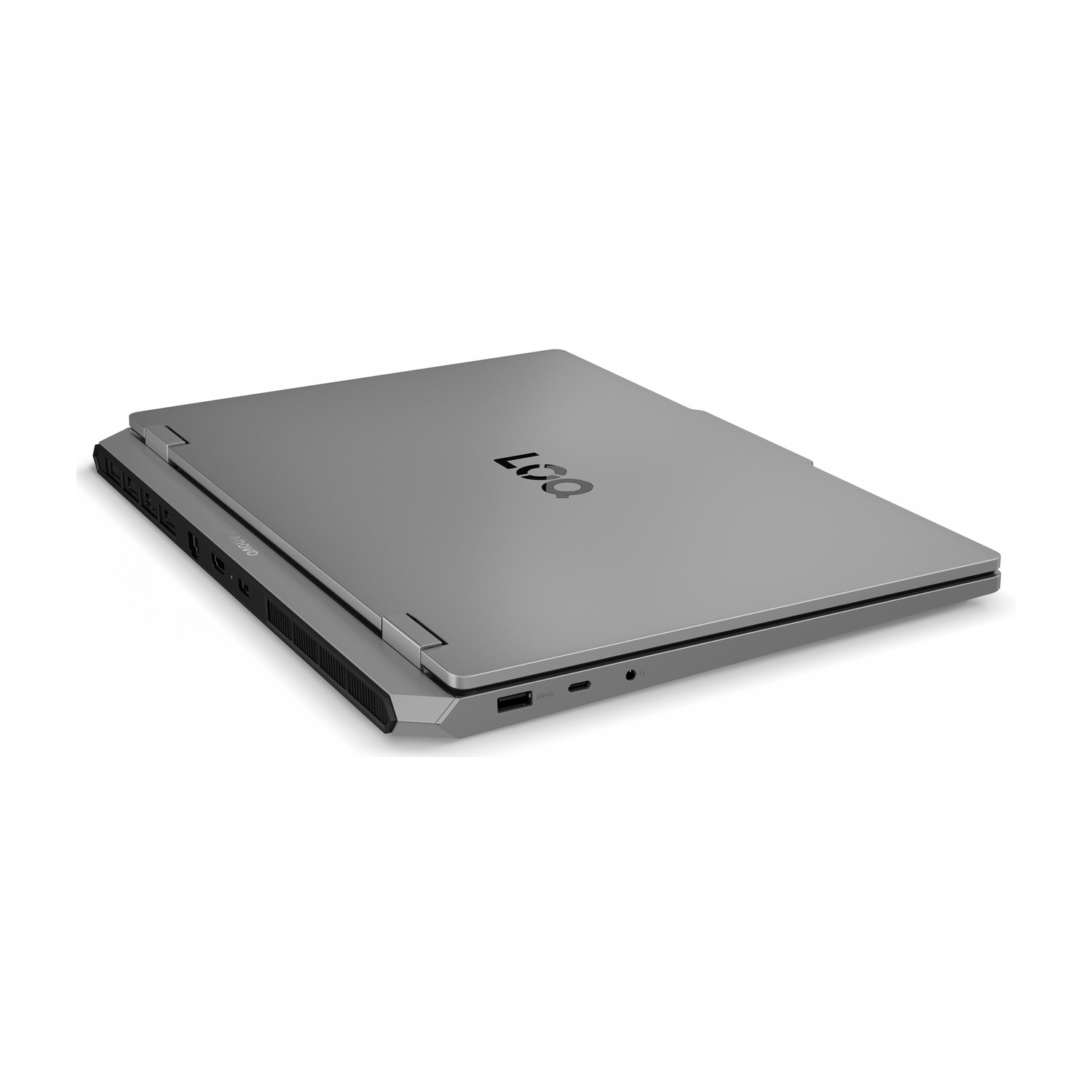 Un laptop argentato chiuso con il logo "LEGION" sul coperchio.