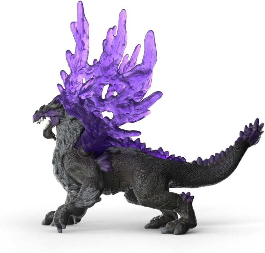 Ein schwarzer Drache mit lila Kristallflügeln steht auf weißem Grund.