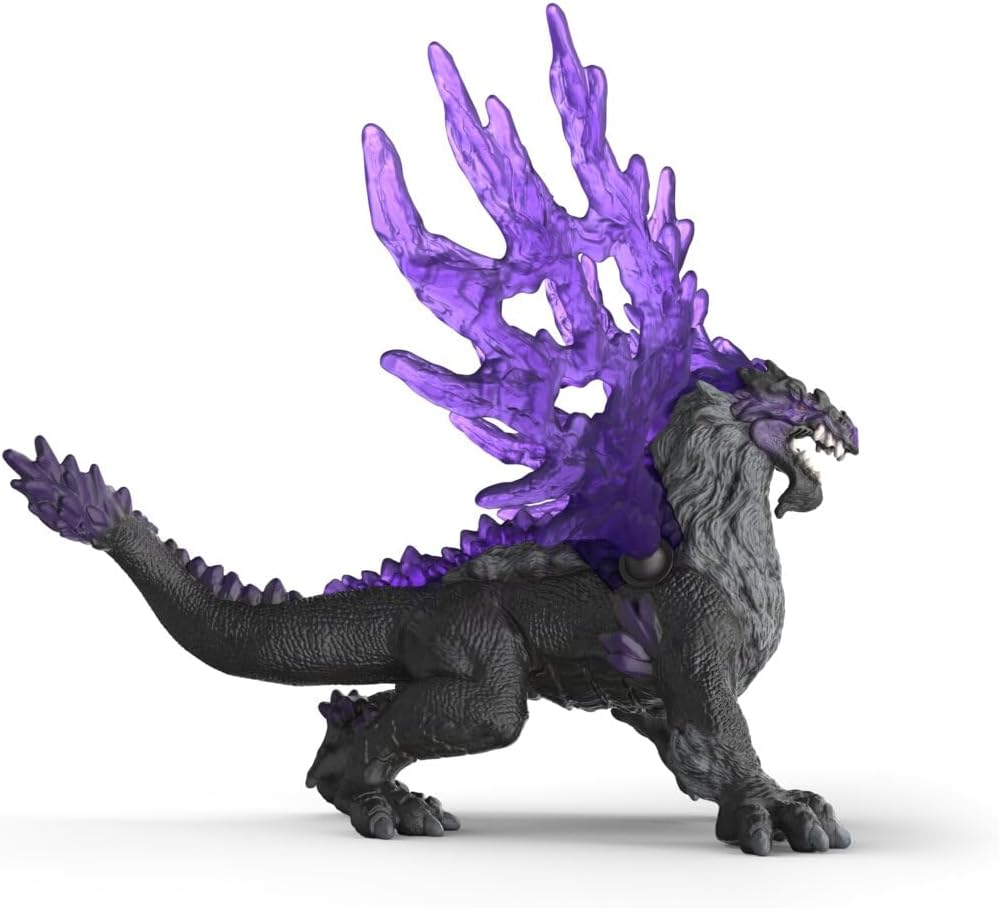 Schwarzer Drache mit violetten Kristallflügeln und grauem Fell.