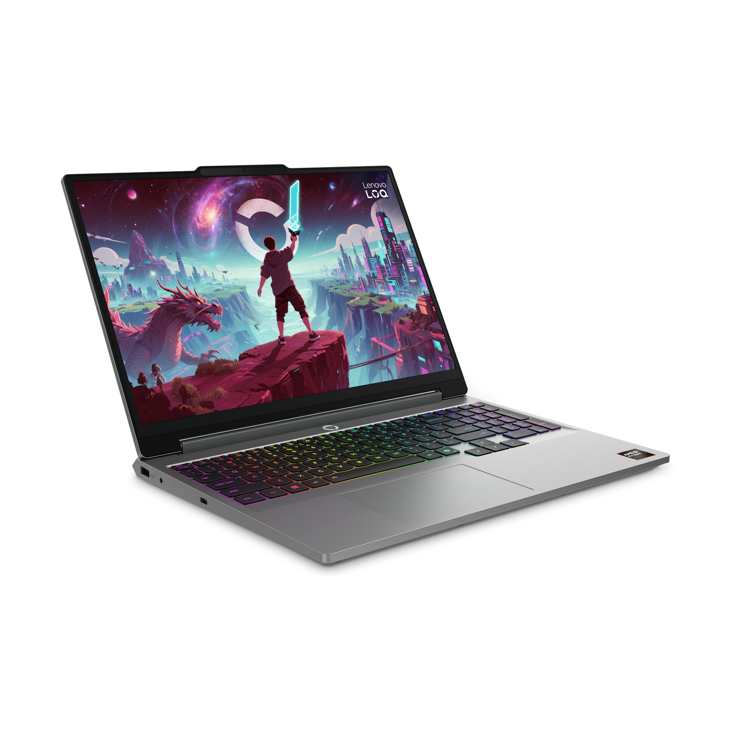 Laptop gaming tastiera colorata, mostra scena fantasy con drago e città.