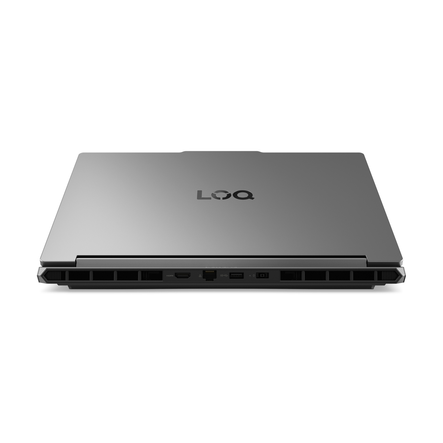 Laptop grigio chiuso con logo LOQ, porte visibili sul lato.