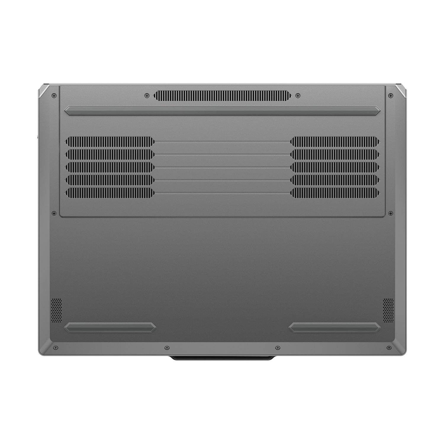 La parte inferiore di un laptop grigio con prese d'aria e viti.