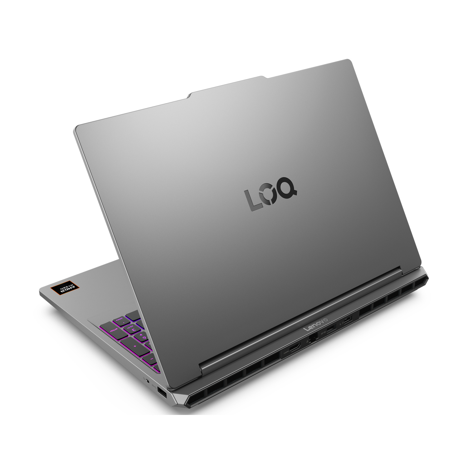 Un laptop Lenovo grigio con tasti retroilluminati viola e logo LOQ sul coperchio.
