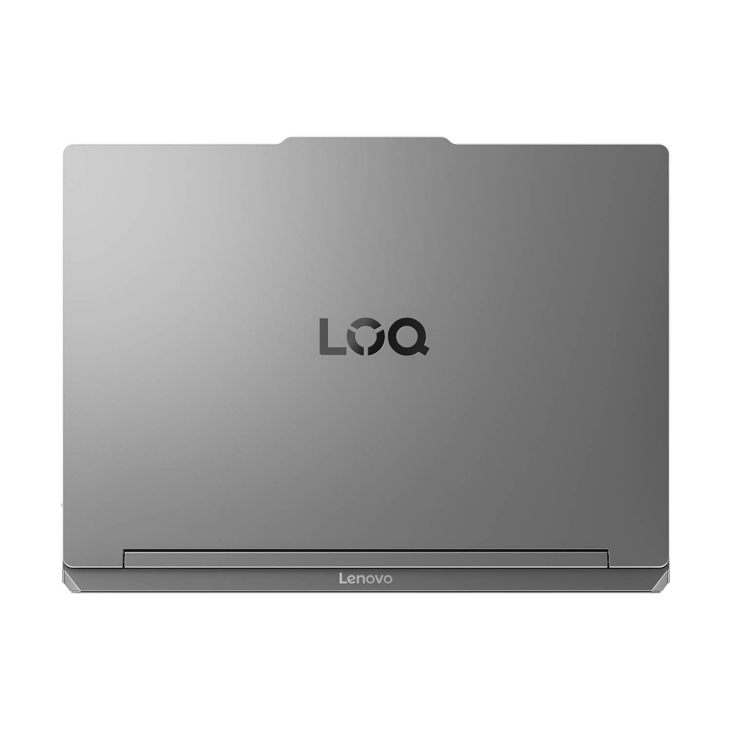 Laptop grigio con loghi LOQ e Lenovo, visto dall'alto.