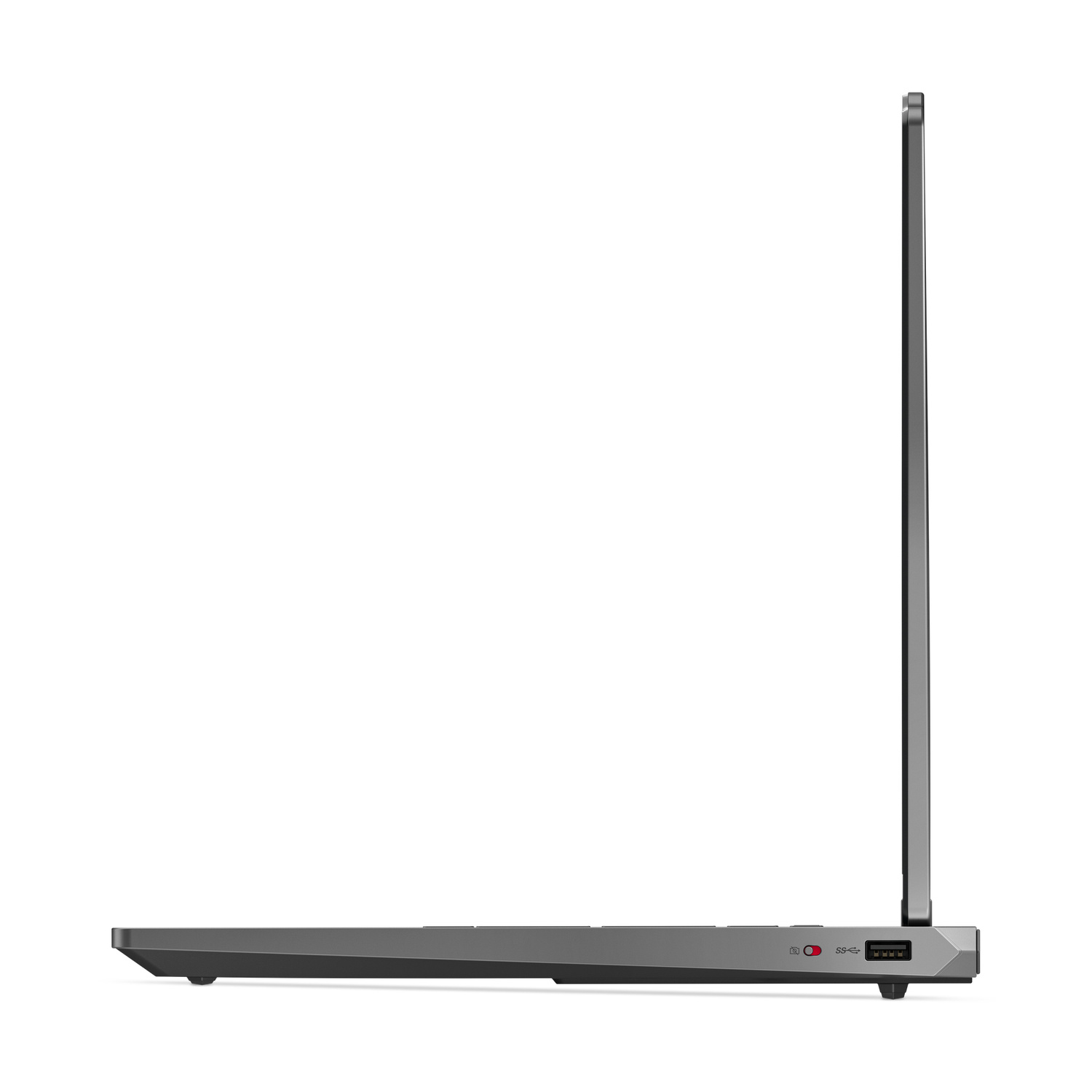 Vista laterale di un laptop grigio con schermo aperto, che mostra le porte sul lato.