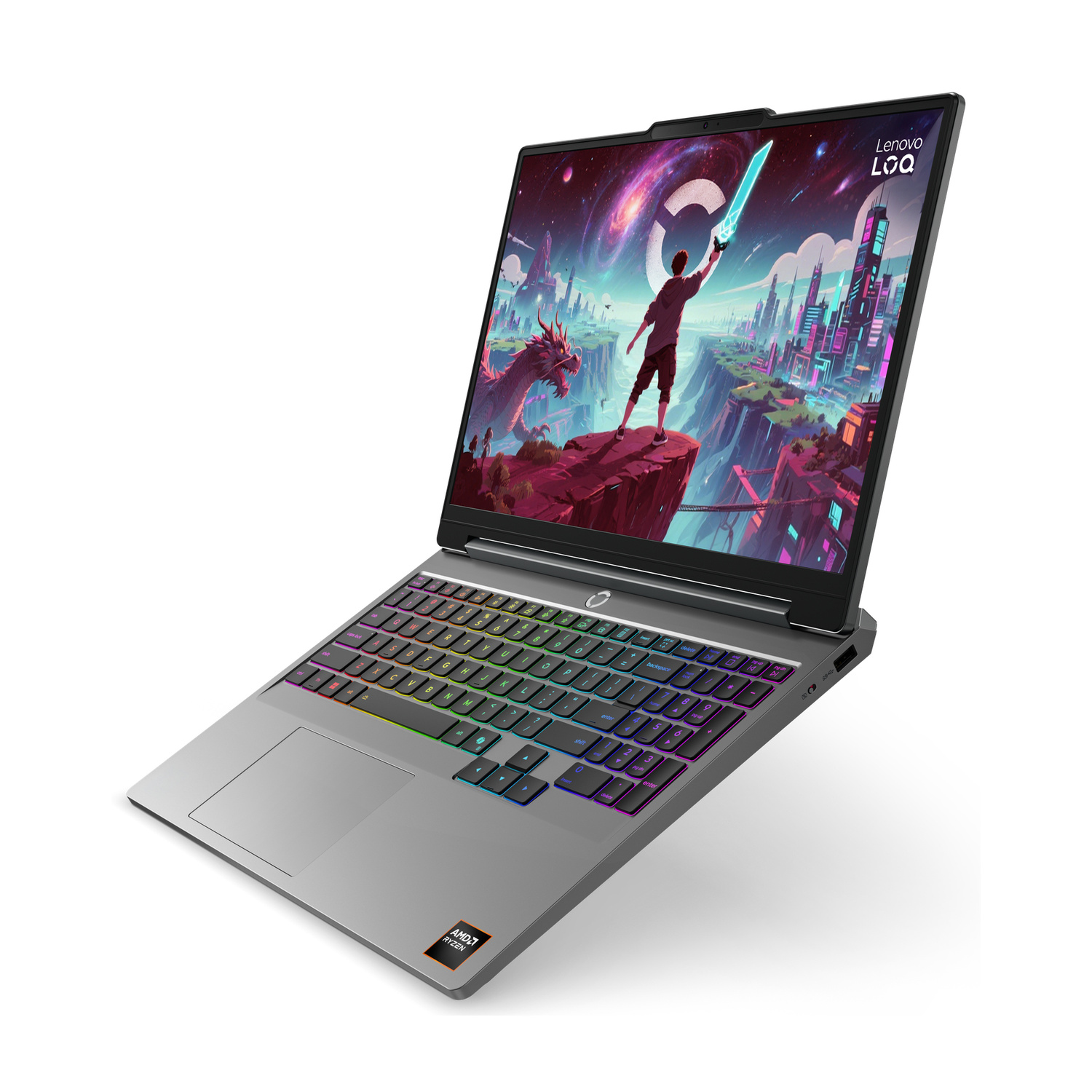 Un laptop Lenovo grigio aperto con tastiera retroilluminata e schermo fantasy.