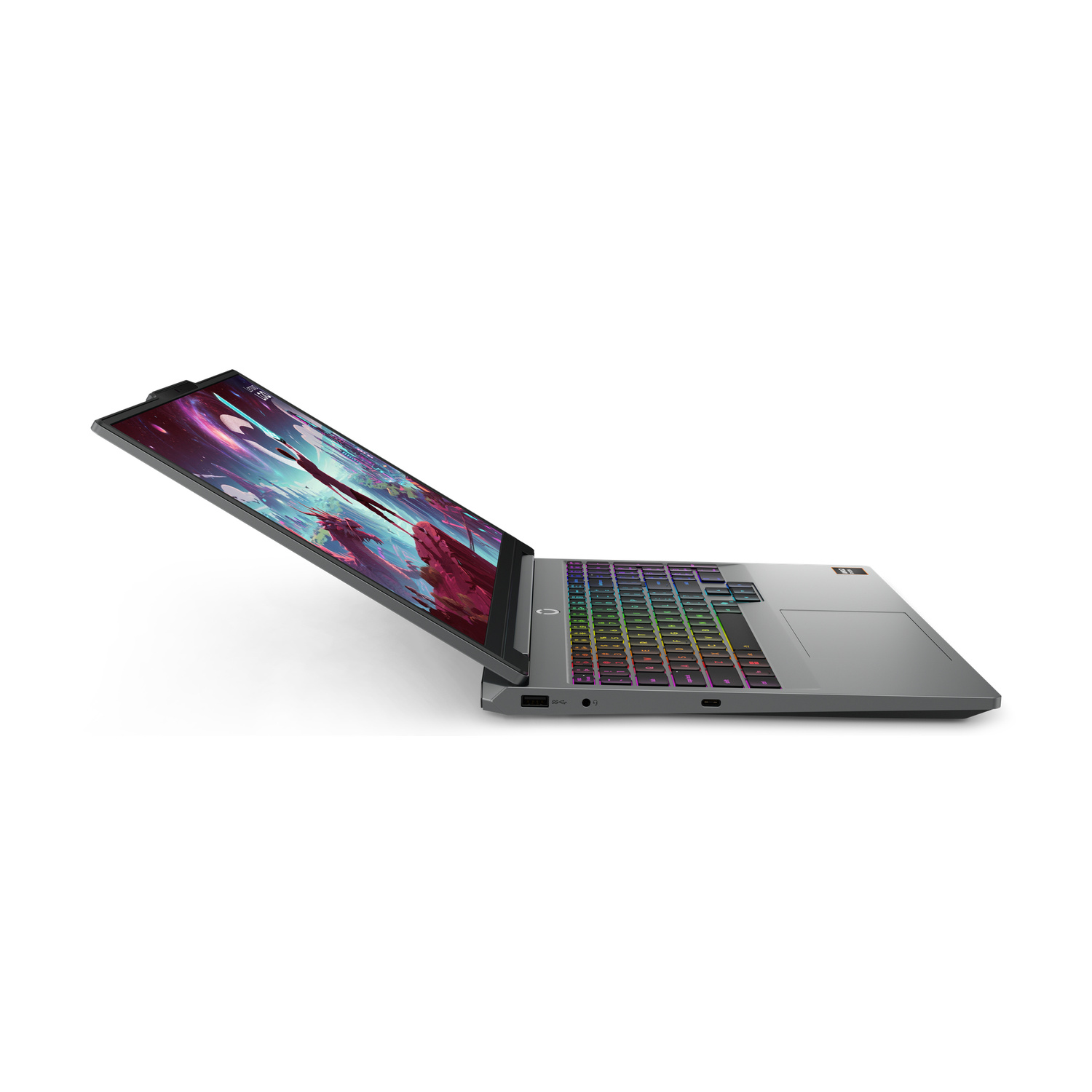 Laptop grigio con tastiera illuminata e sfondo colorato dello schermo.