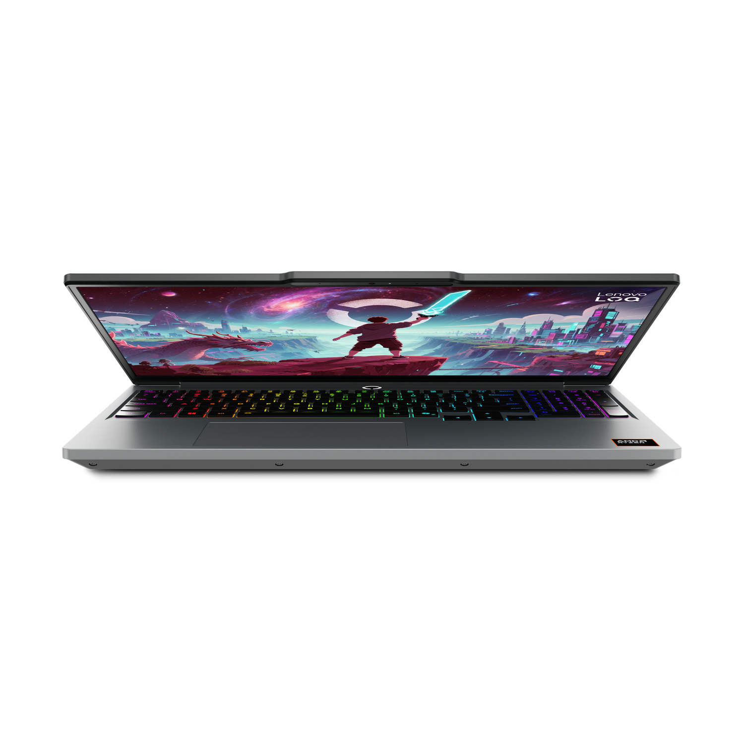 Un laptop aperto con tastiera colorata e scena di battaglia di draghi sullo schermo.