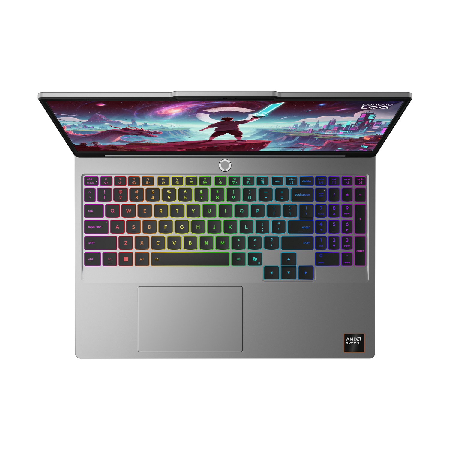 Un laptop argentato aperto con illuminazione colorata della tastiera e schermo da gioco.