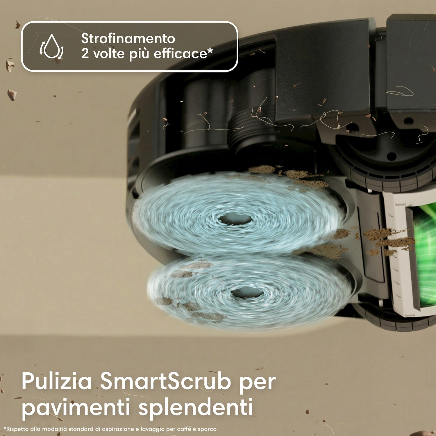 Un robot aspirapolvere con spazzole rotanti che sollevano e puliscono lo sporco.