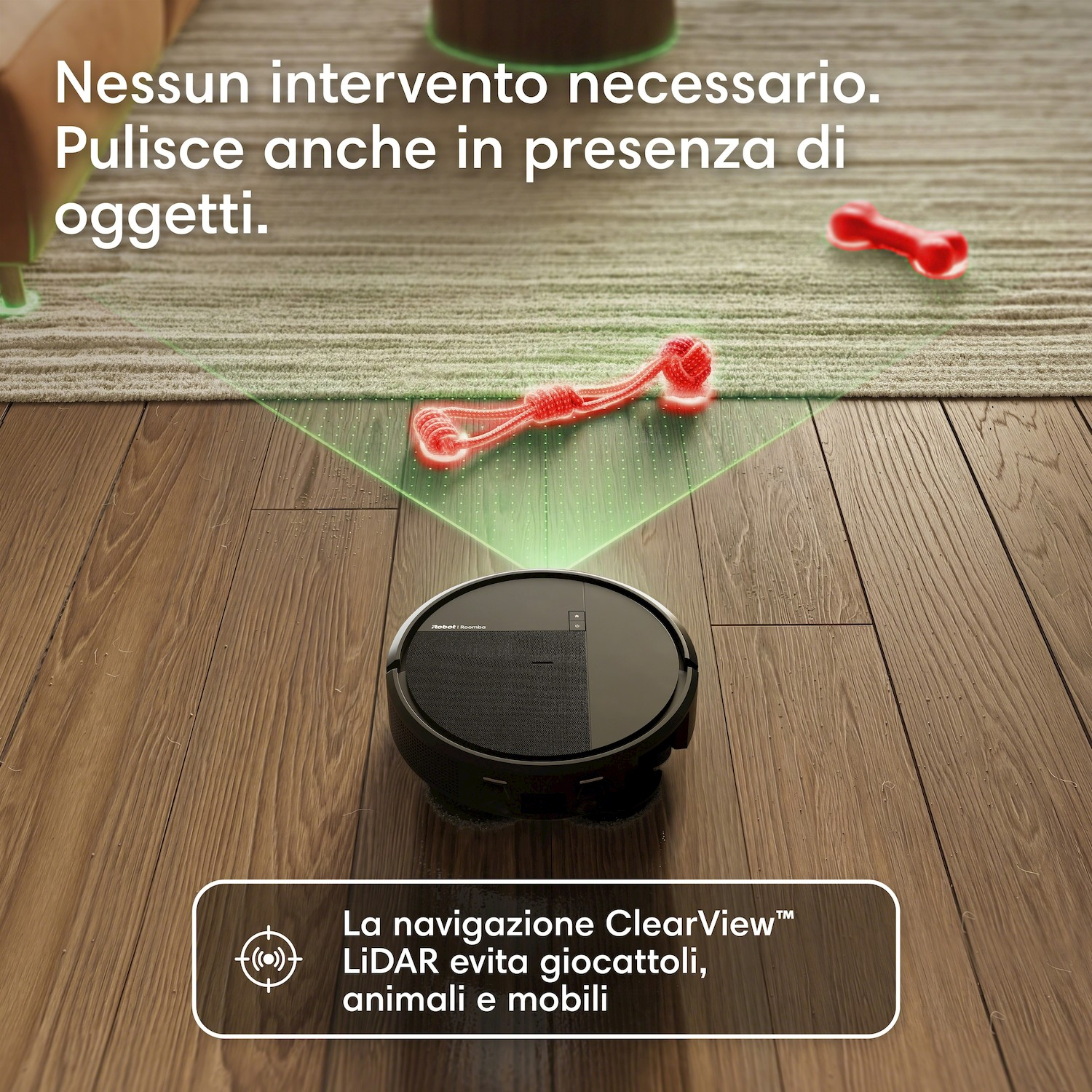 Un robot aspirapolvere naviga attorno ai giocattoli su pavimento.
