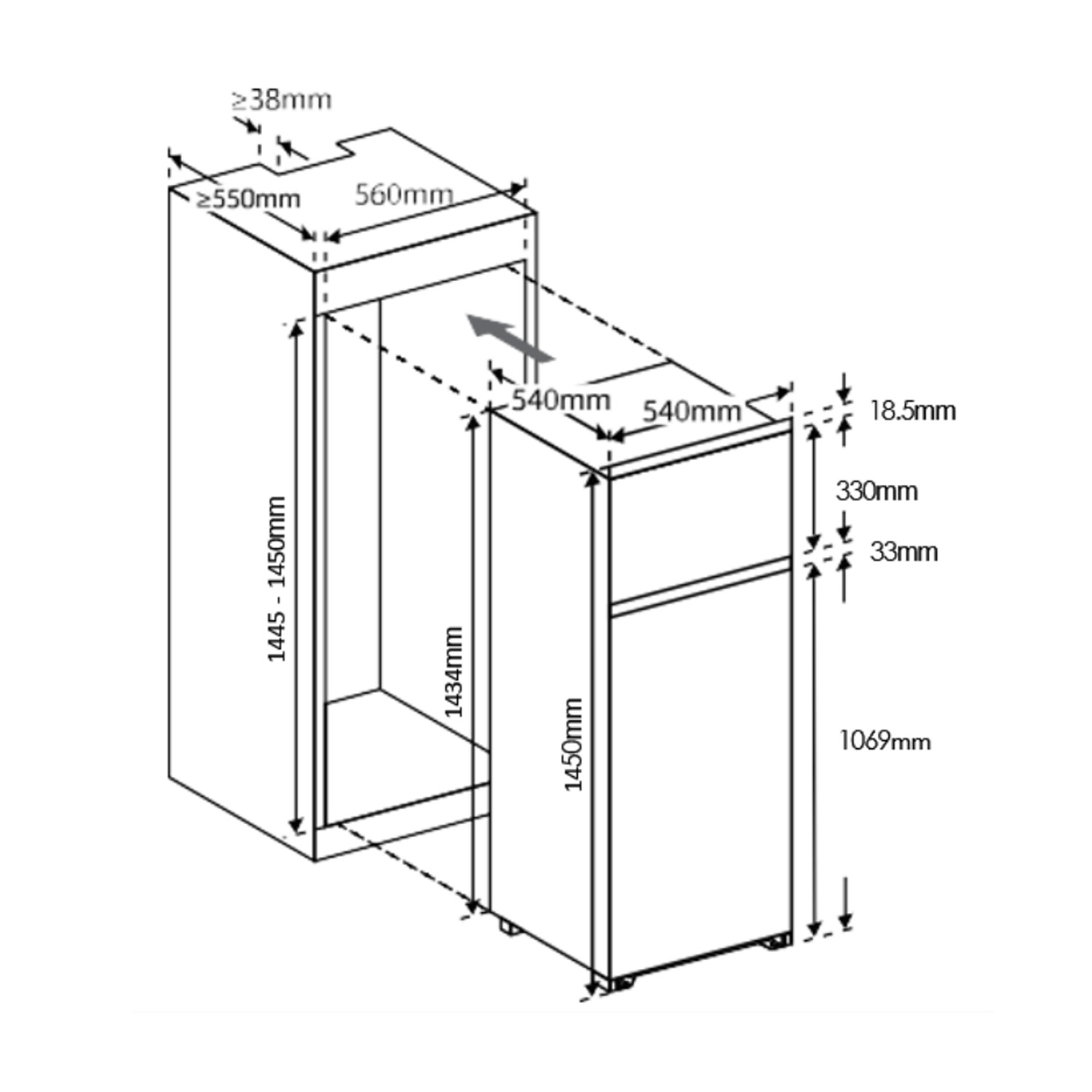 Disegno tecnico di un frigorifero con dimensioni.