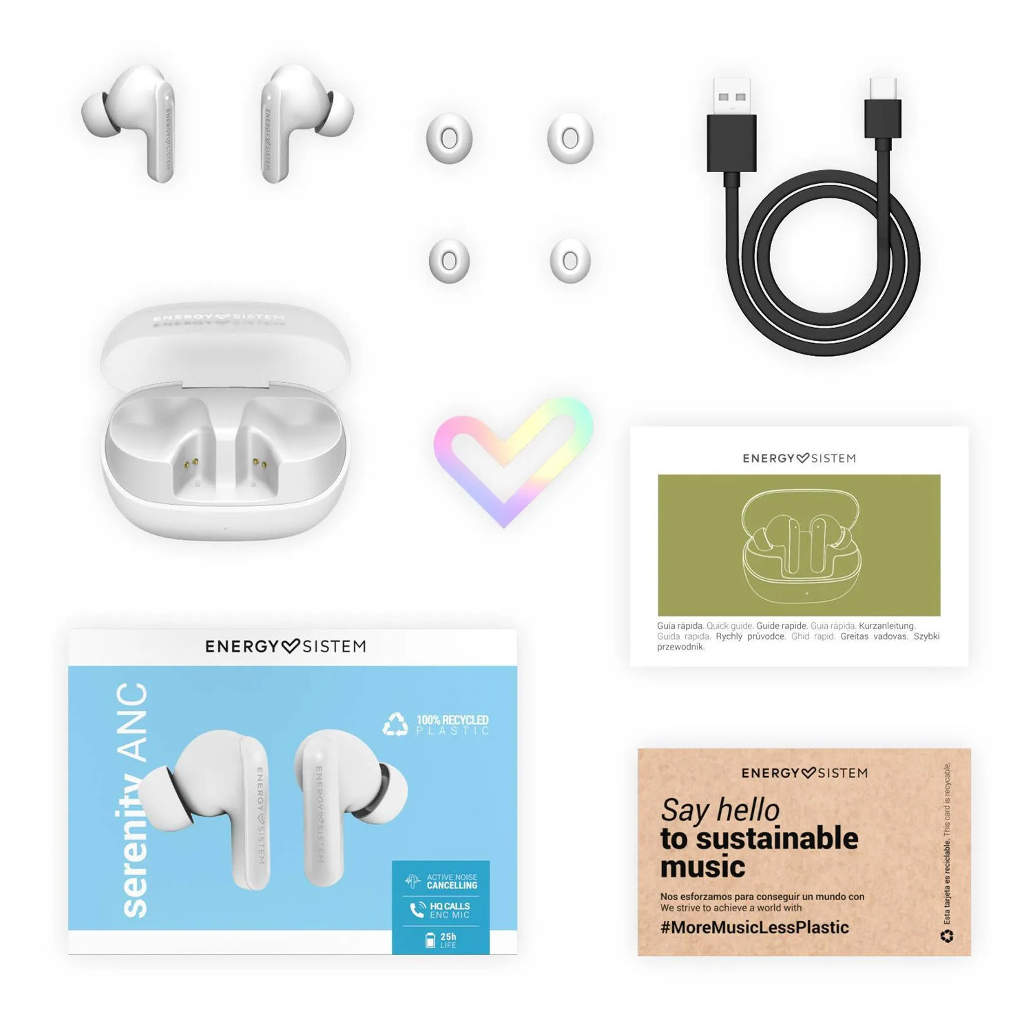 Fehér fülhallgatók töltőtokkal, USB-C kábellel és útmutatókártyákkal.