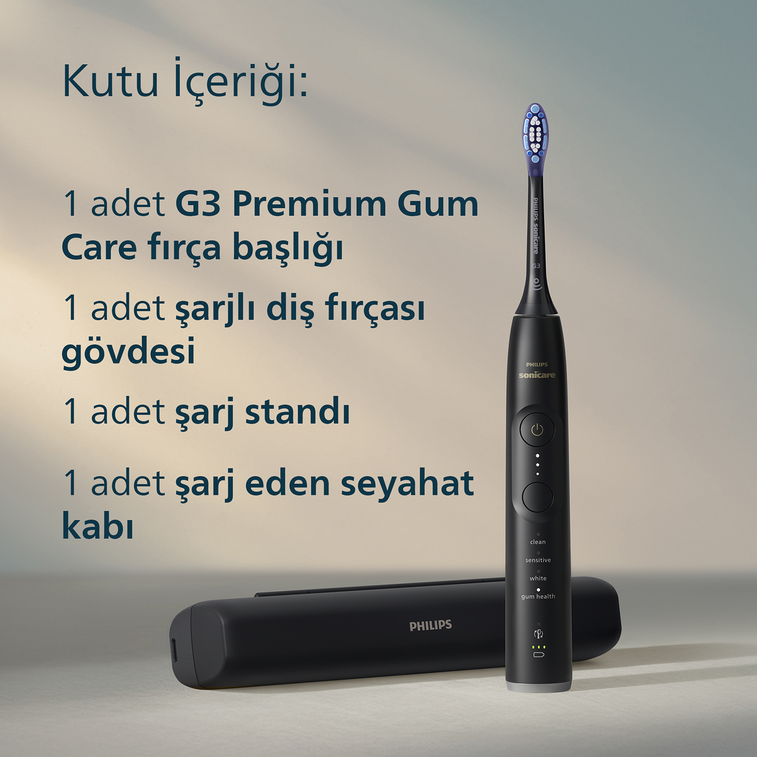 Siyah elektrikli diş fırçası, başlık, şarj standı ve seyahat kabı.