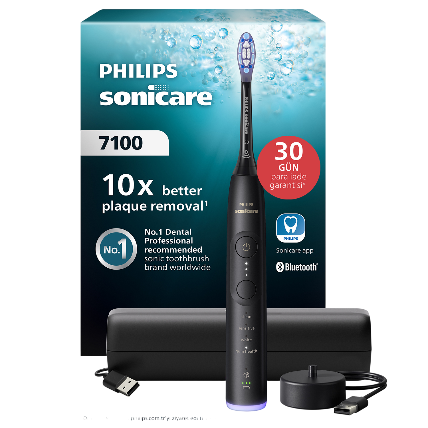 Siyah Philips Sonicare 7100 sonik diş fırçası şarj kutusu, kablo ve USB fişi ile.