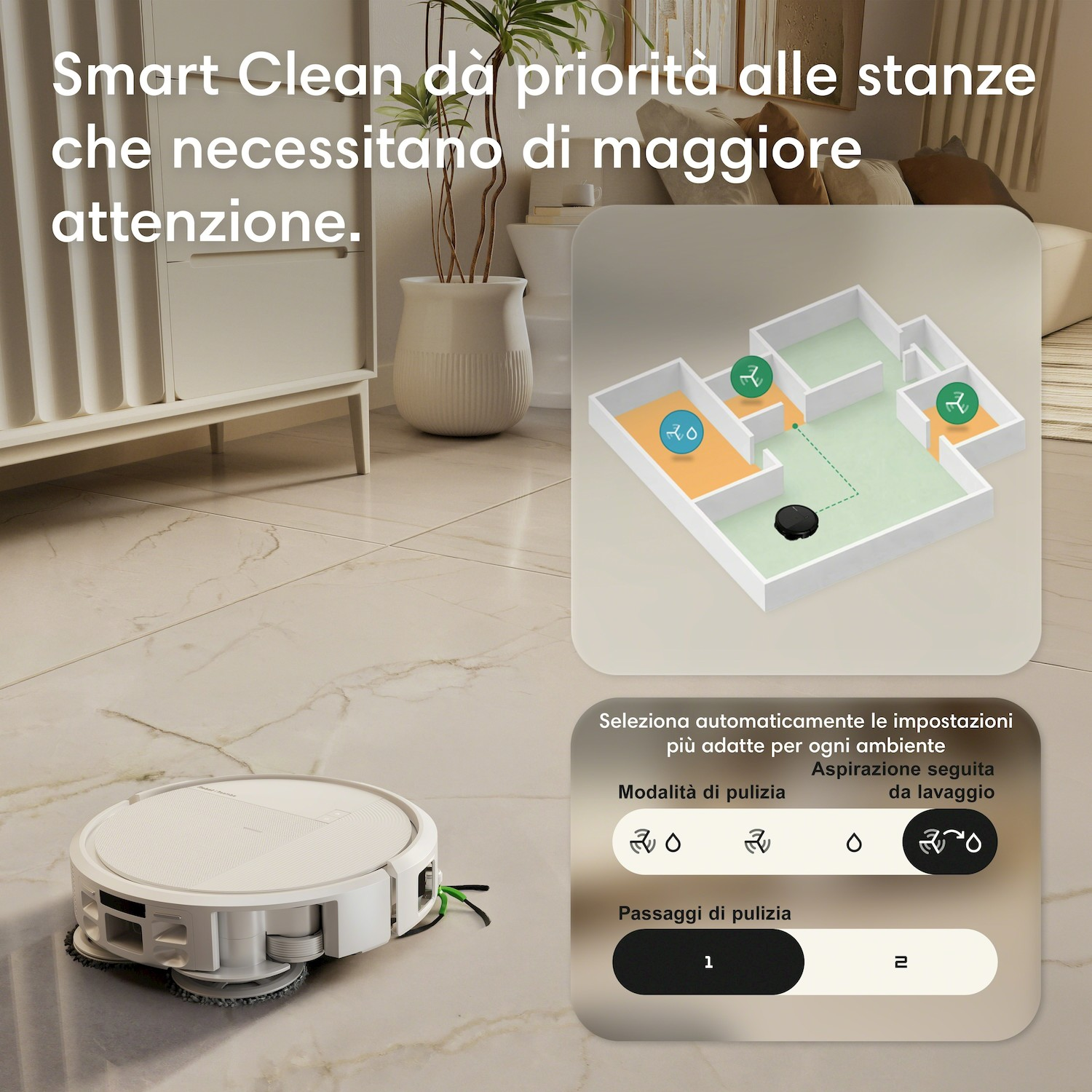 Un robot aspirapolvere bianco su pavimento in marmo, accanto a un'interfaccia app.