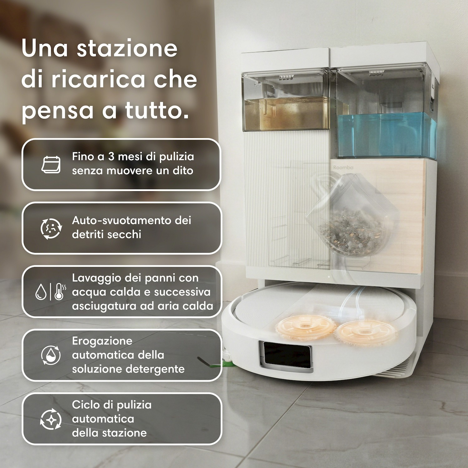 Una stazione di ricarica che pensa a tutto, con svuotamento e lavaggio panni automatici.