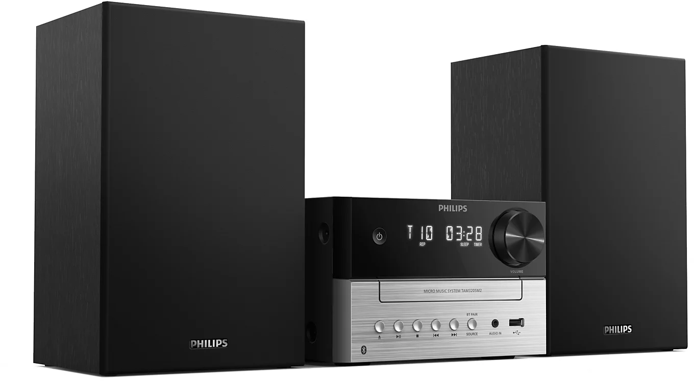 Fekete Philips mikrozenei rendszer két hangszóróval és CD-lejátszóval.