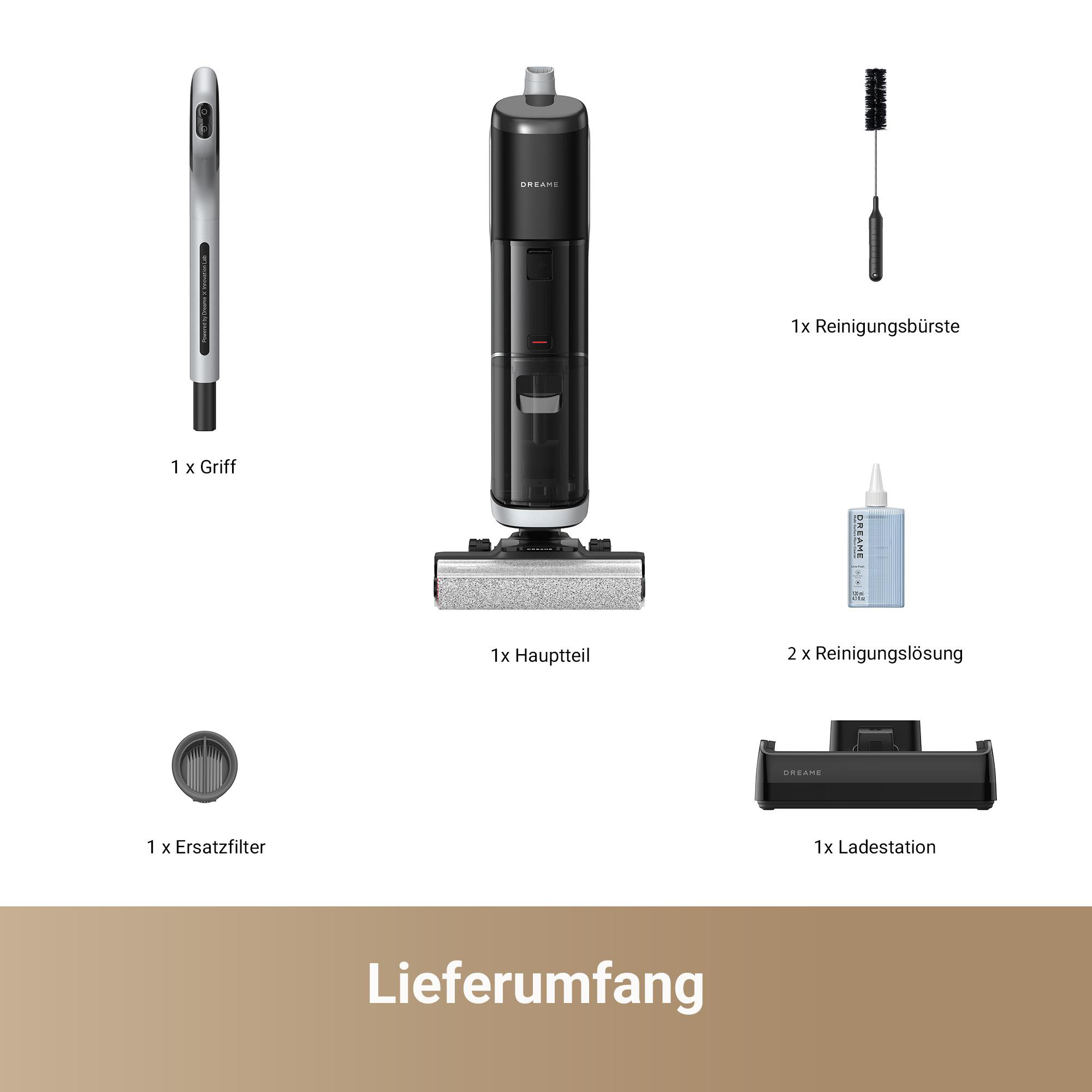 Ein Set mit einem Staubsaugerhauptteil, Griff, Bürste, Filter, Ladestation und Reinigungslösung.