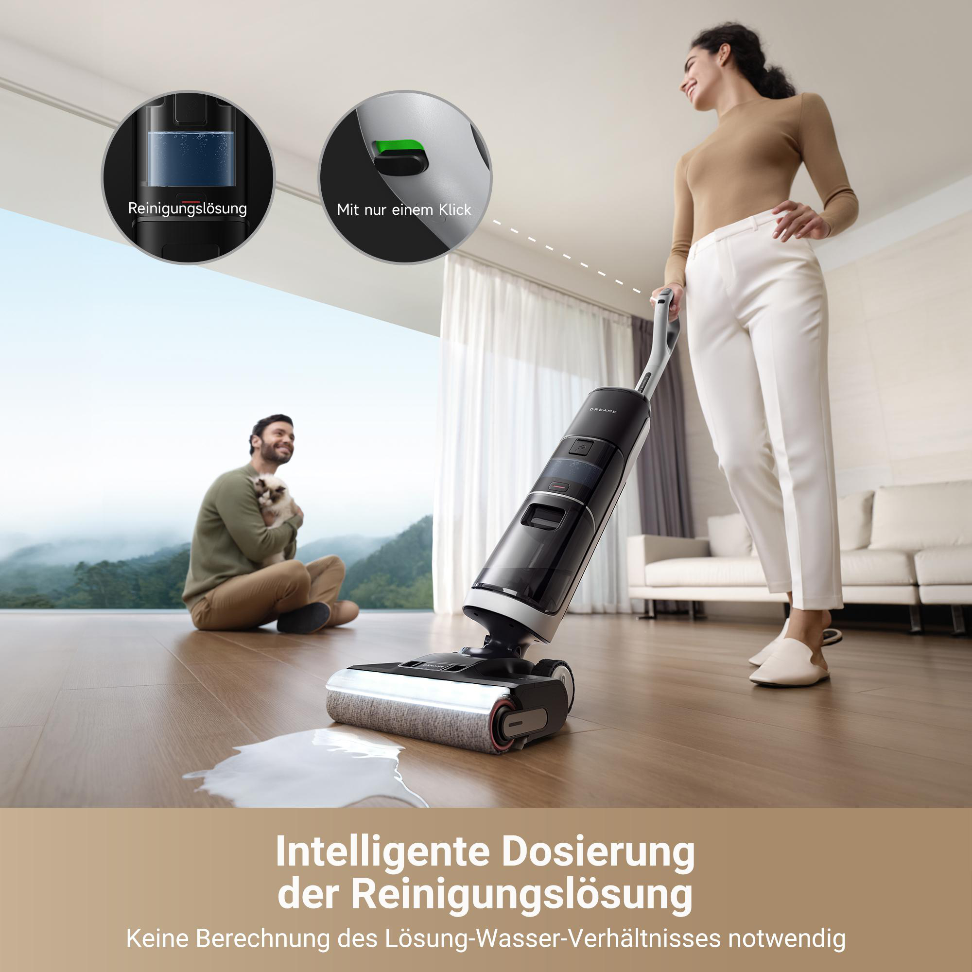Frau mit Bodenreiniger, Mann mit Katze. "Intelligente Dosierung der Reinigungslösung."