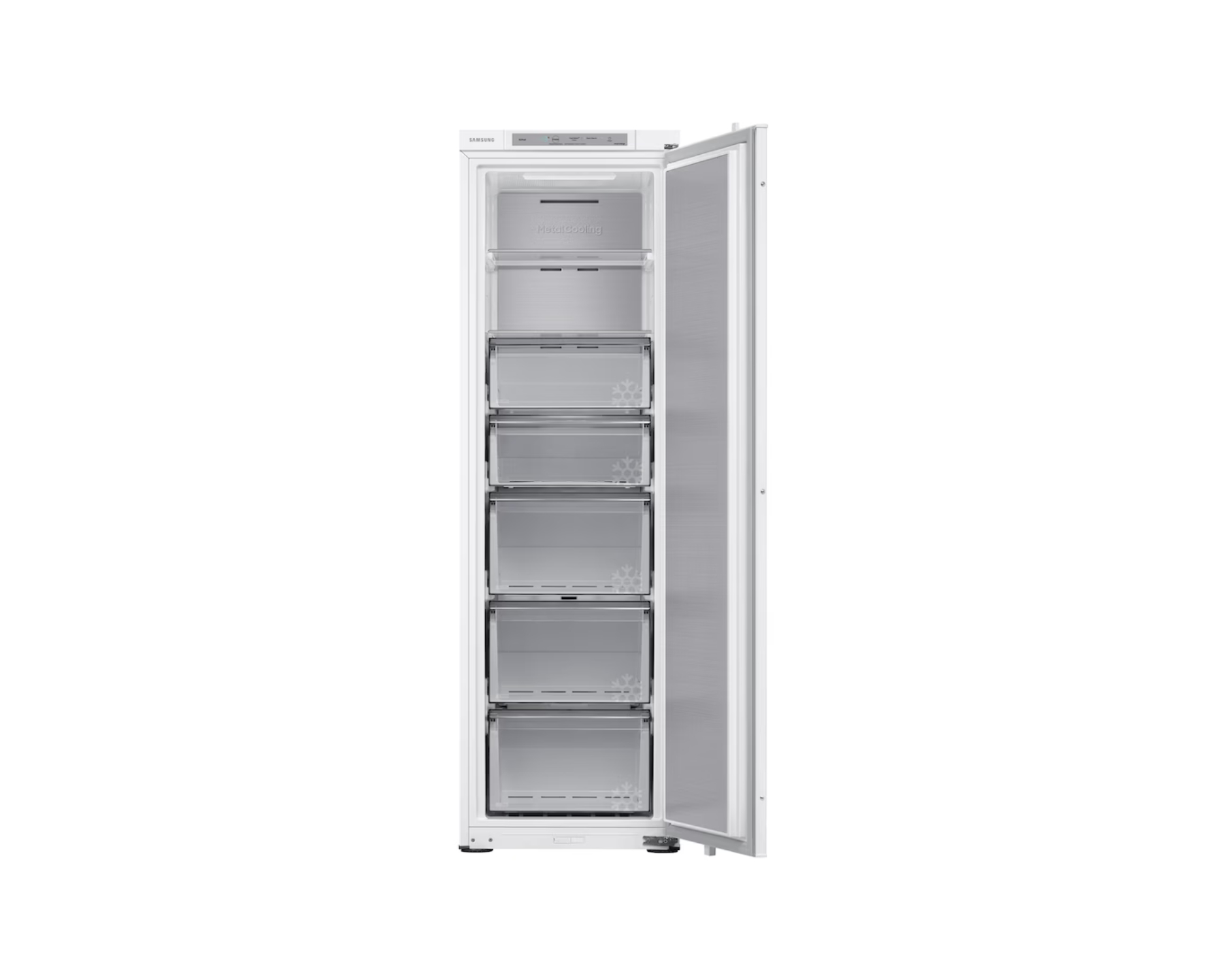 Un congelador Samsung blanco con la puerta abierta, mostrando seis cajones transparentes.