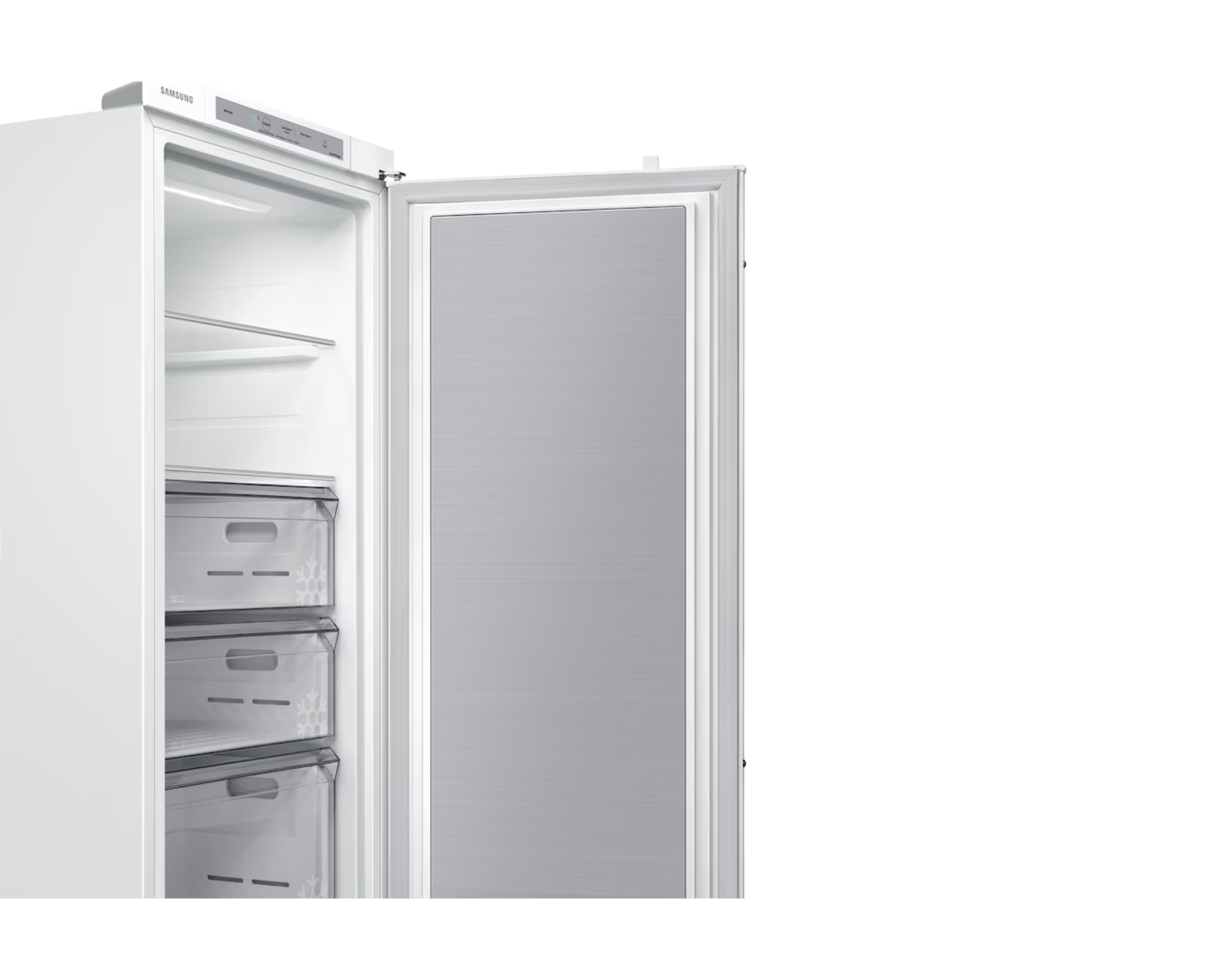 Refrigerador Samsung blanco con puerta abierta, mostrando tres cajones.