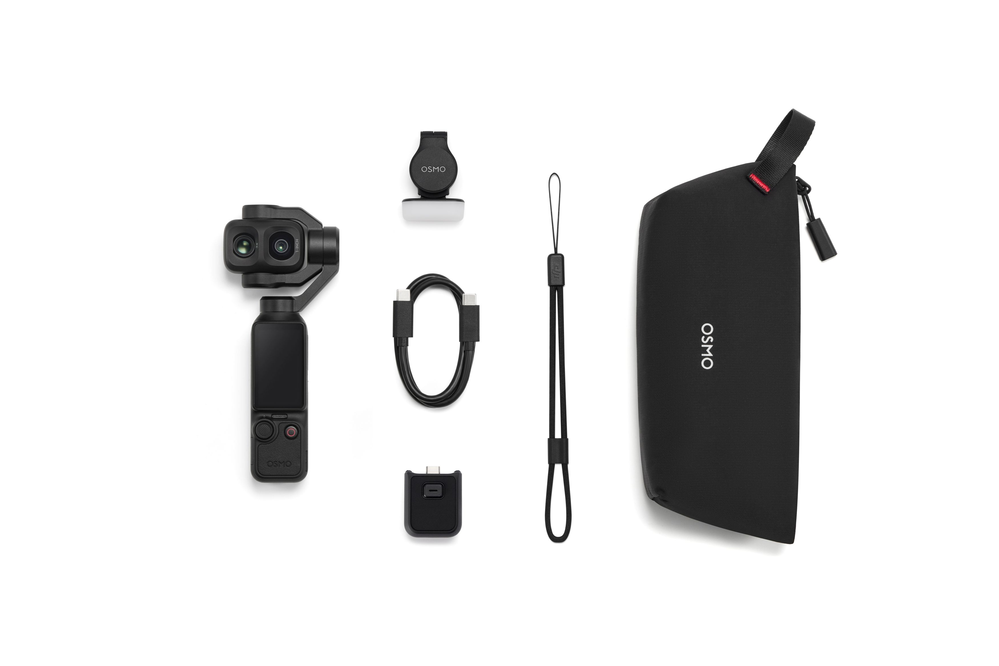Ein schwarzer Gimbal mit Zubehör, Kamera, Kabel, Clip und Tasche.