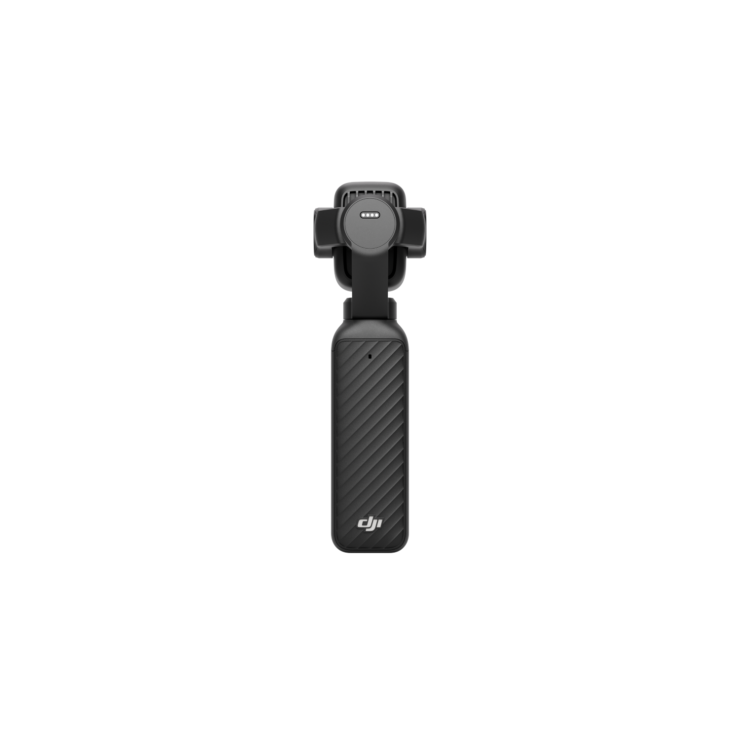 Ein schwarzer Gimbal mit Rillenmuster und DJI-Logo, oben mit einer Kameraaufnahme.