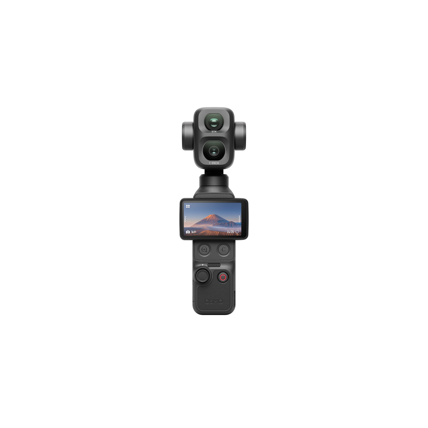 Kompakte schwarze Kamera mit Gimbal und kleinem Bildschirm, der eine Berglandschaft zeigt.