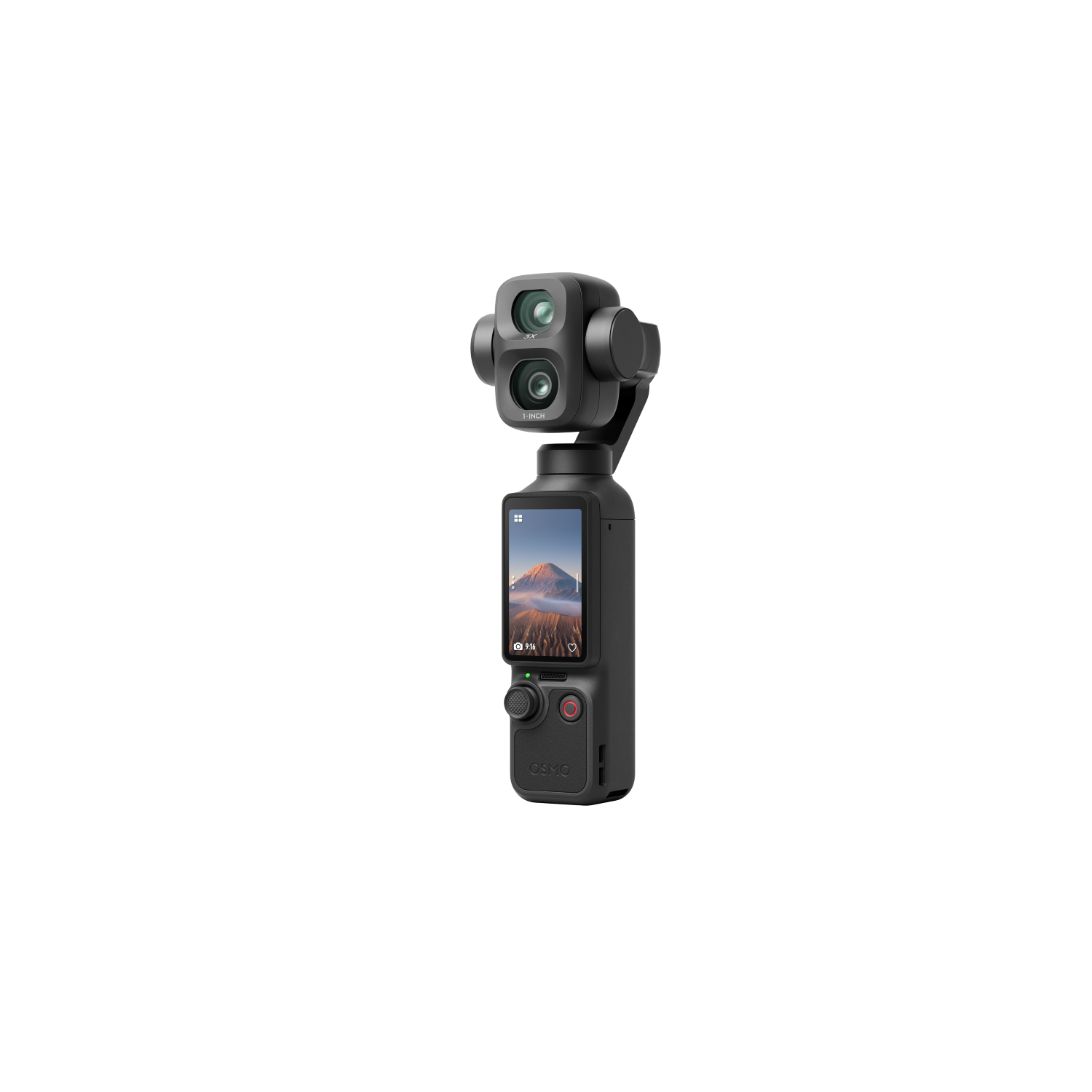 Schwarze DJI Osmo Action Kamera mit zwei Objektiven und Touchscreen auf weißem Grund.