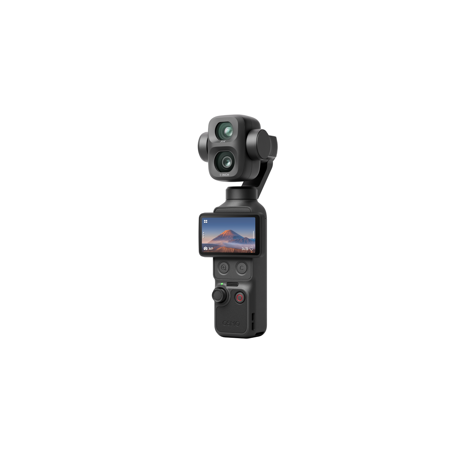 Kompakte schwarze Kamera mit Gimbal und Bildschirm, zeigt Berglandschaft.