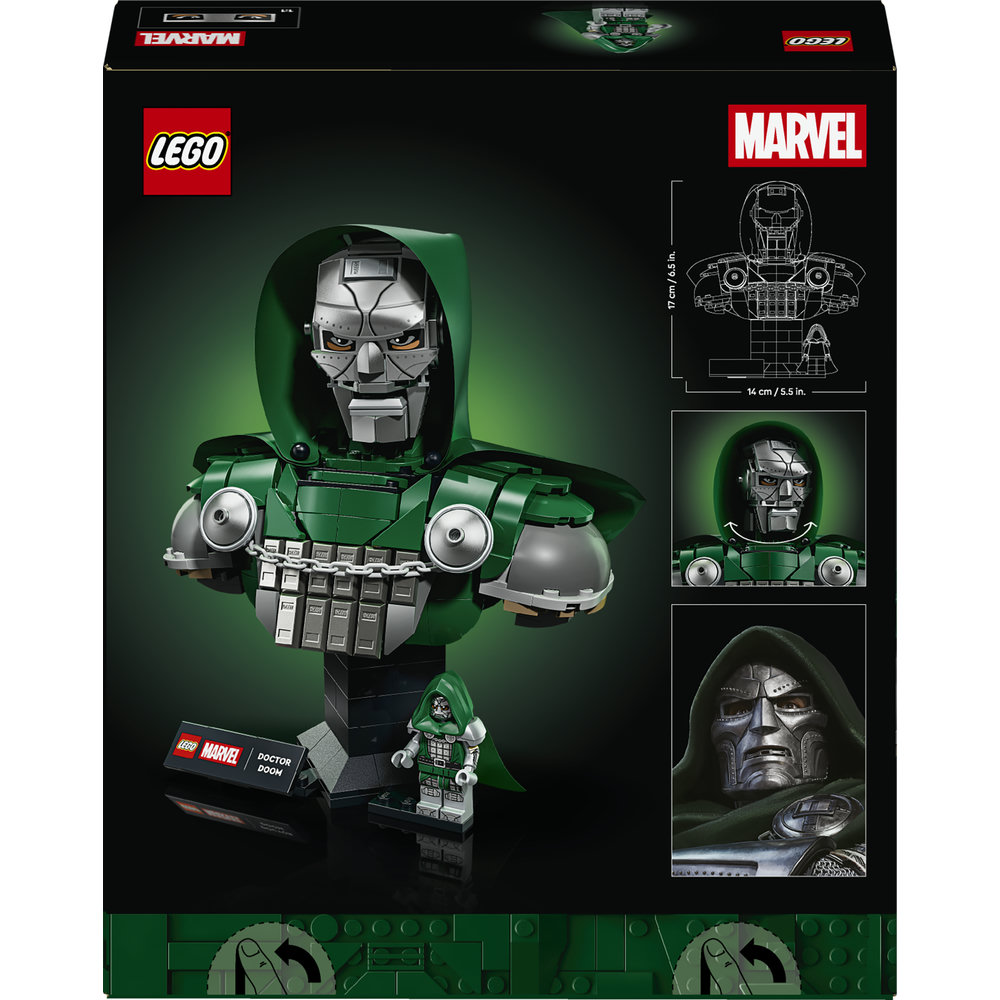 LEGO Marvel Doctor Doom-Büste mit Minifigur und Produktinformationen.