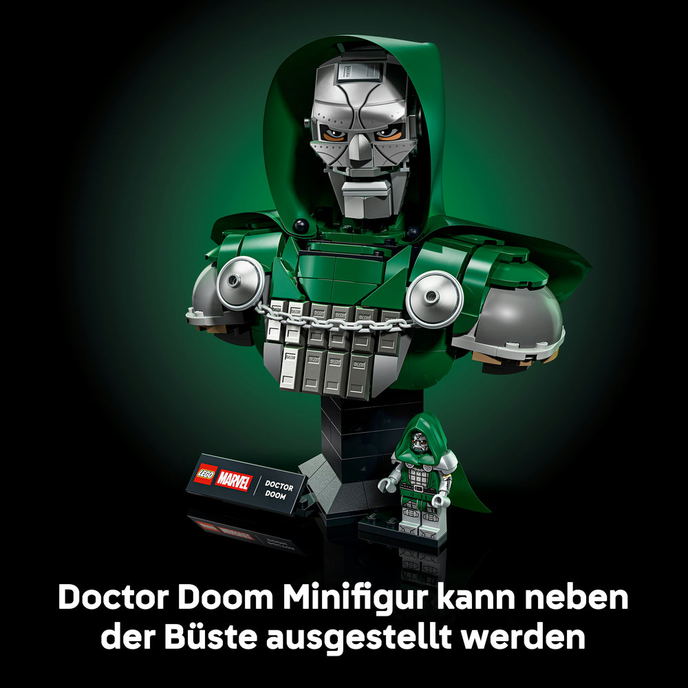 Lego Doctor Doom Büste mit Minifigur, grüne Kapuze, silberner Maske.