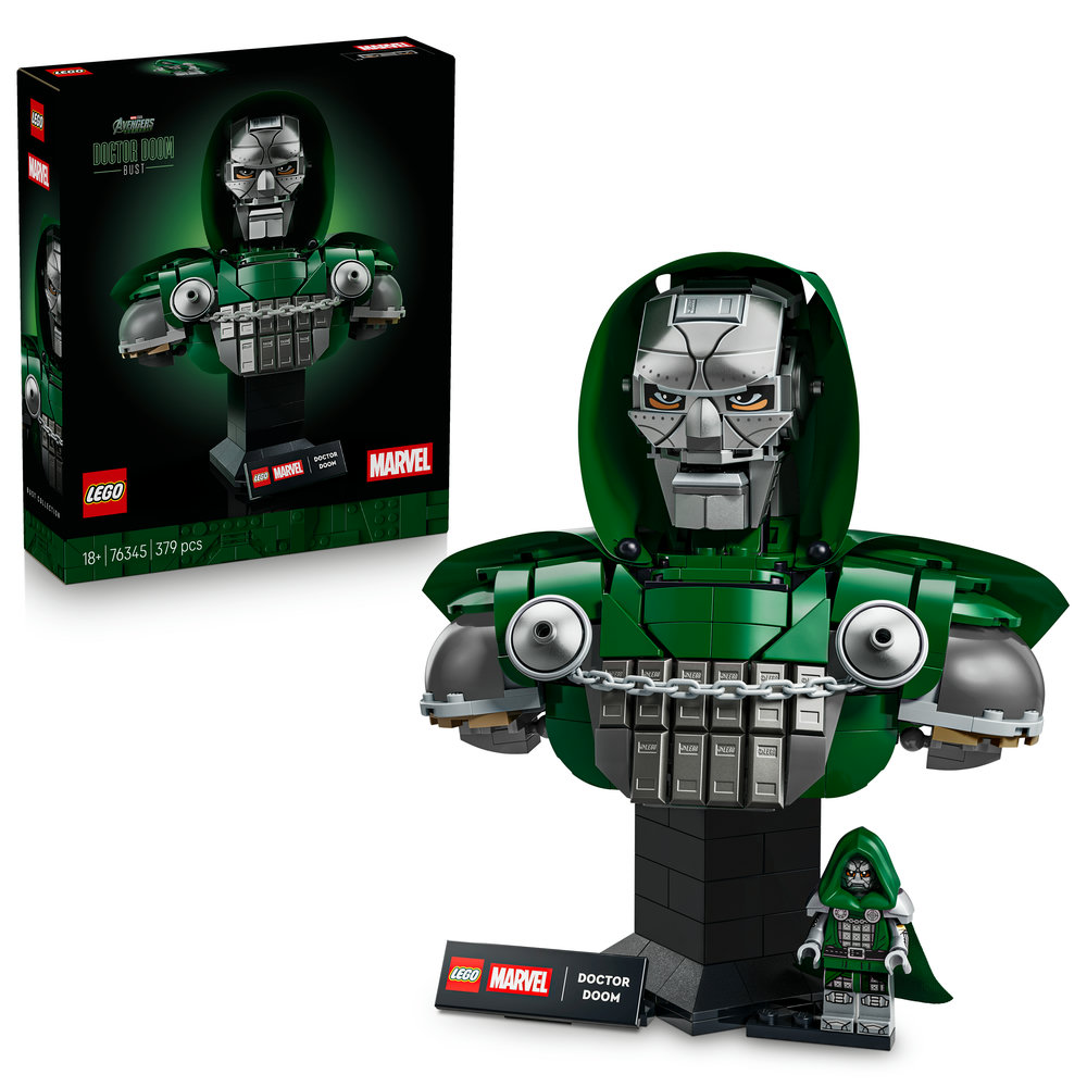 LEGO Doctor Doom-Büste mit Minifigur. Grüne Kapuze, silberne Maske, Ketten.