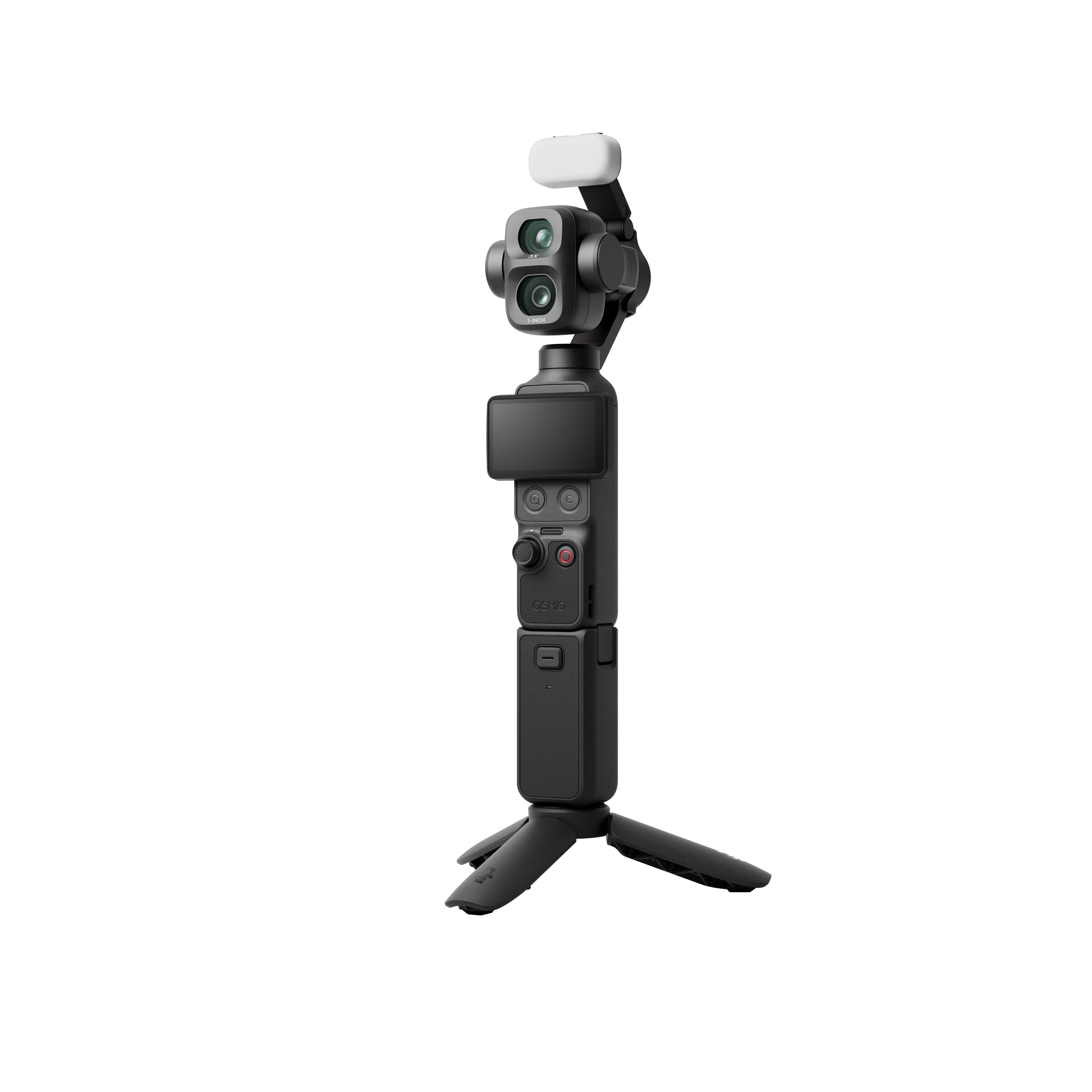 Ein schwarzer Gimbal mit Kamera, Bildschirm und Stativ auf schwarzem Hintergrund.