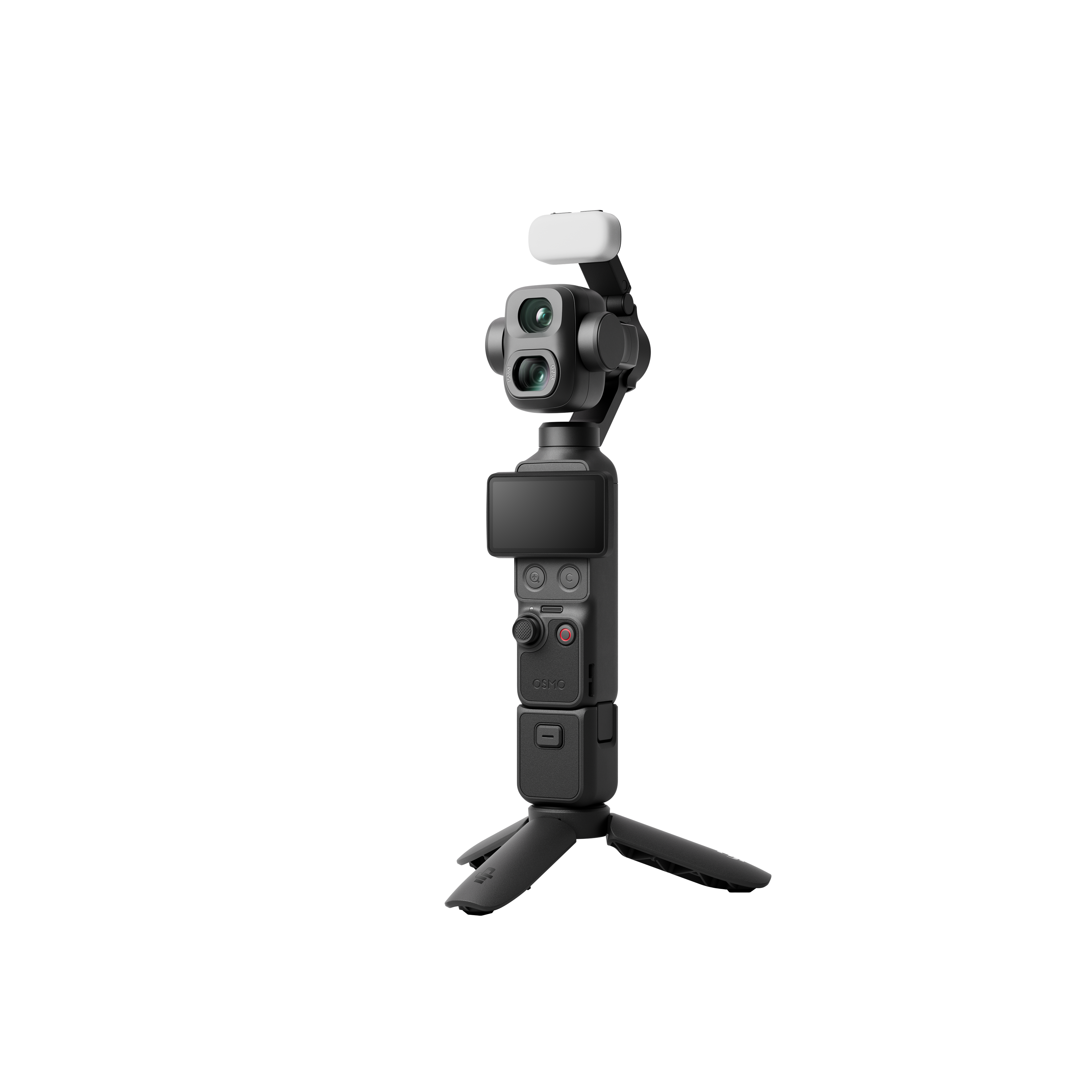 Ein schwarzer Gimbal mit Kamera, Bildschirm, Joystick und ausklappbarem Stativ.