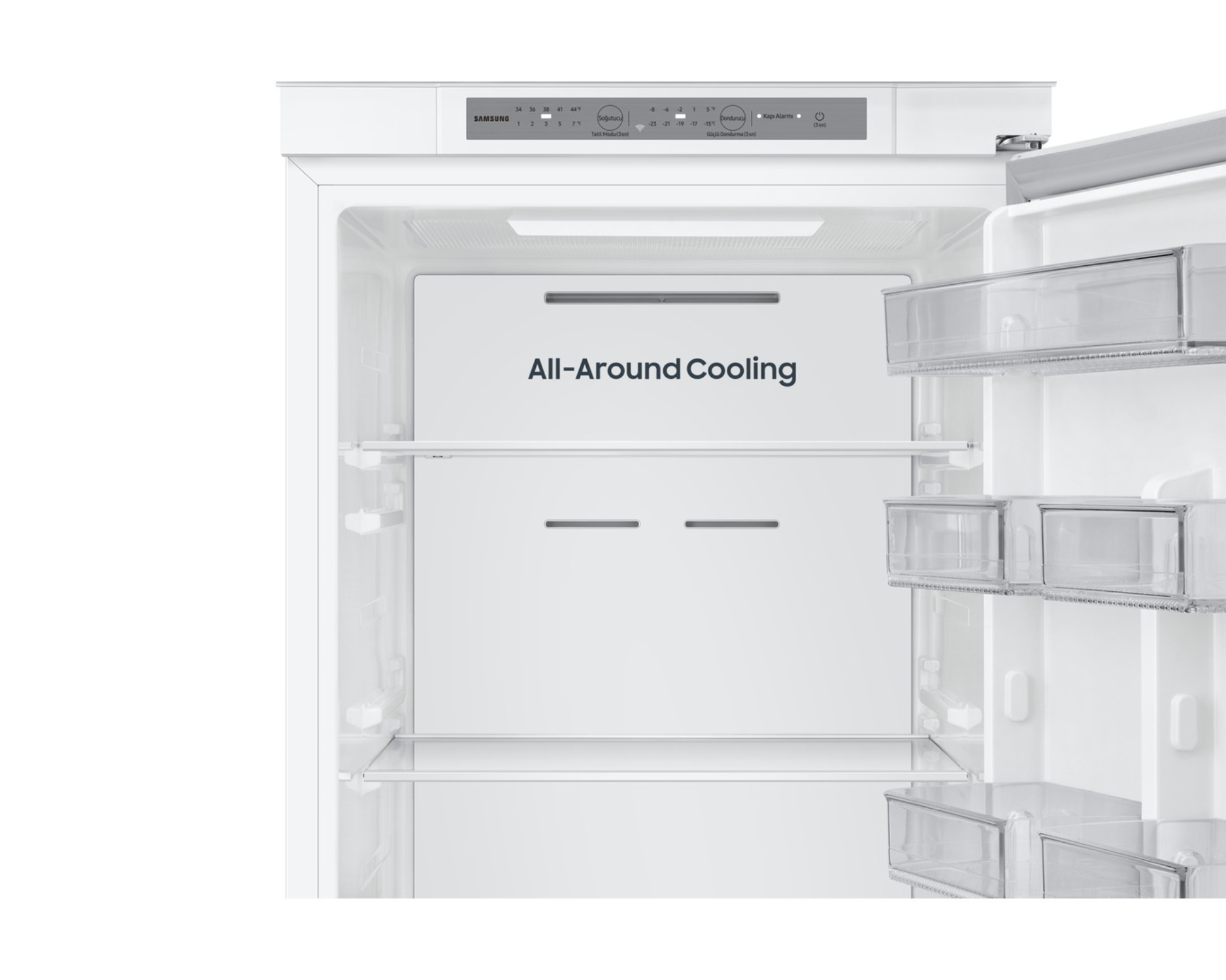 Interior de un refrigerador vacío con controles digitales y texto 'All-Around Cooling'.
