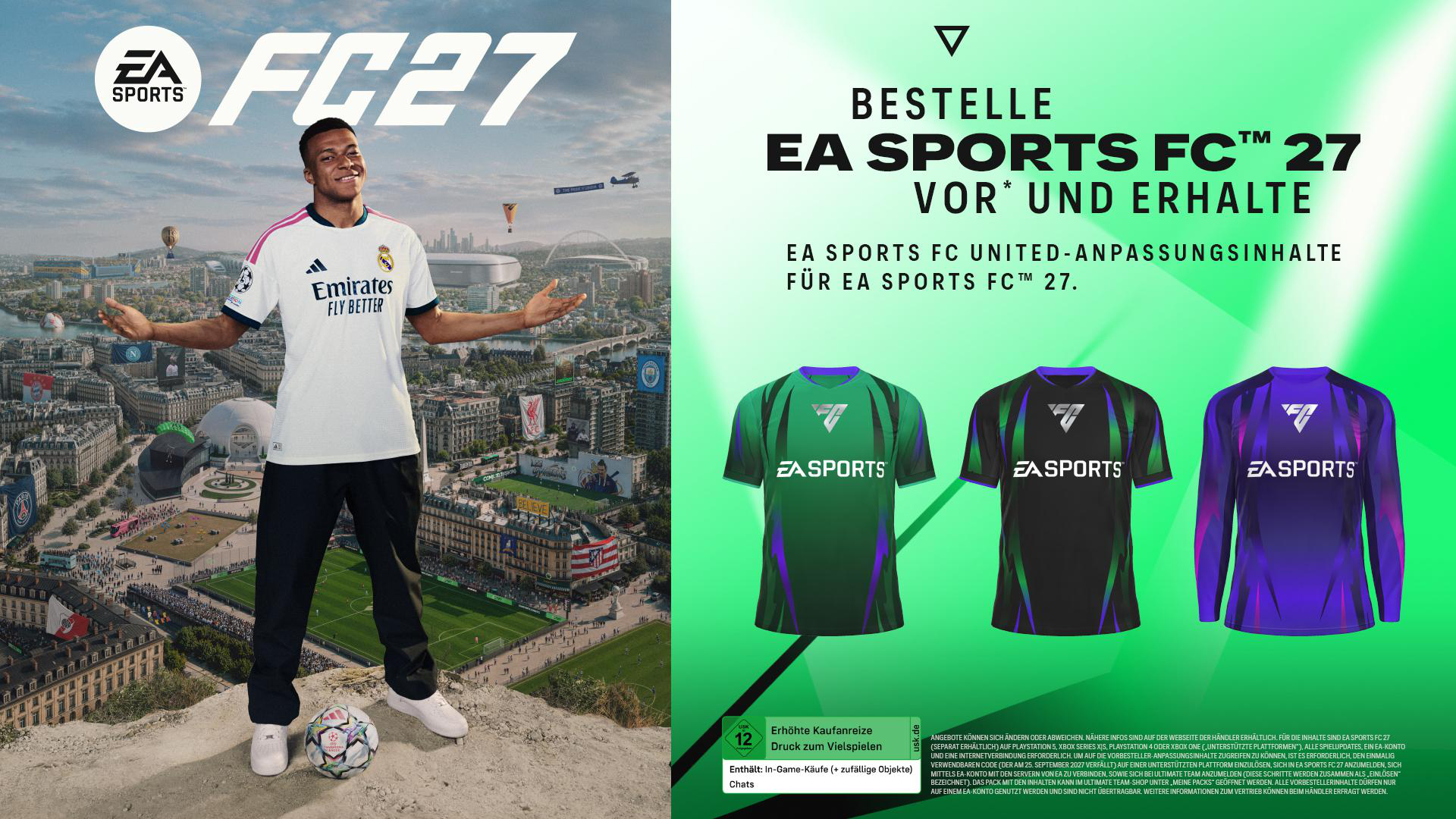 Ein Mann in einem weißen Fußballtrikot steht auf einem Hügel vor einer Stadtlandschaft. Drei Fußballtrikots sind rechts.