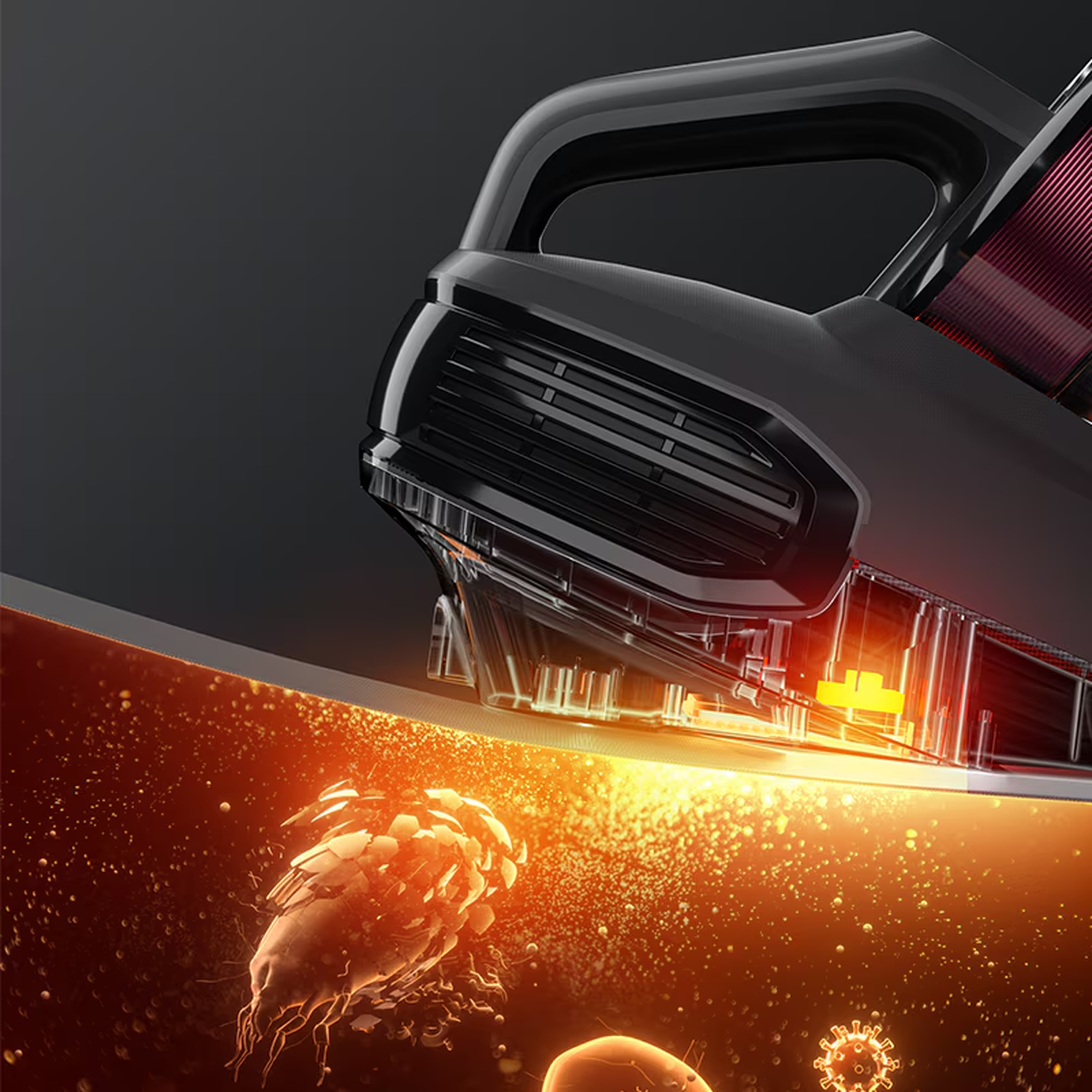 Un aspirapolvere nero portatile aspira organismi microscopici.