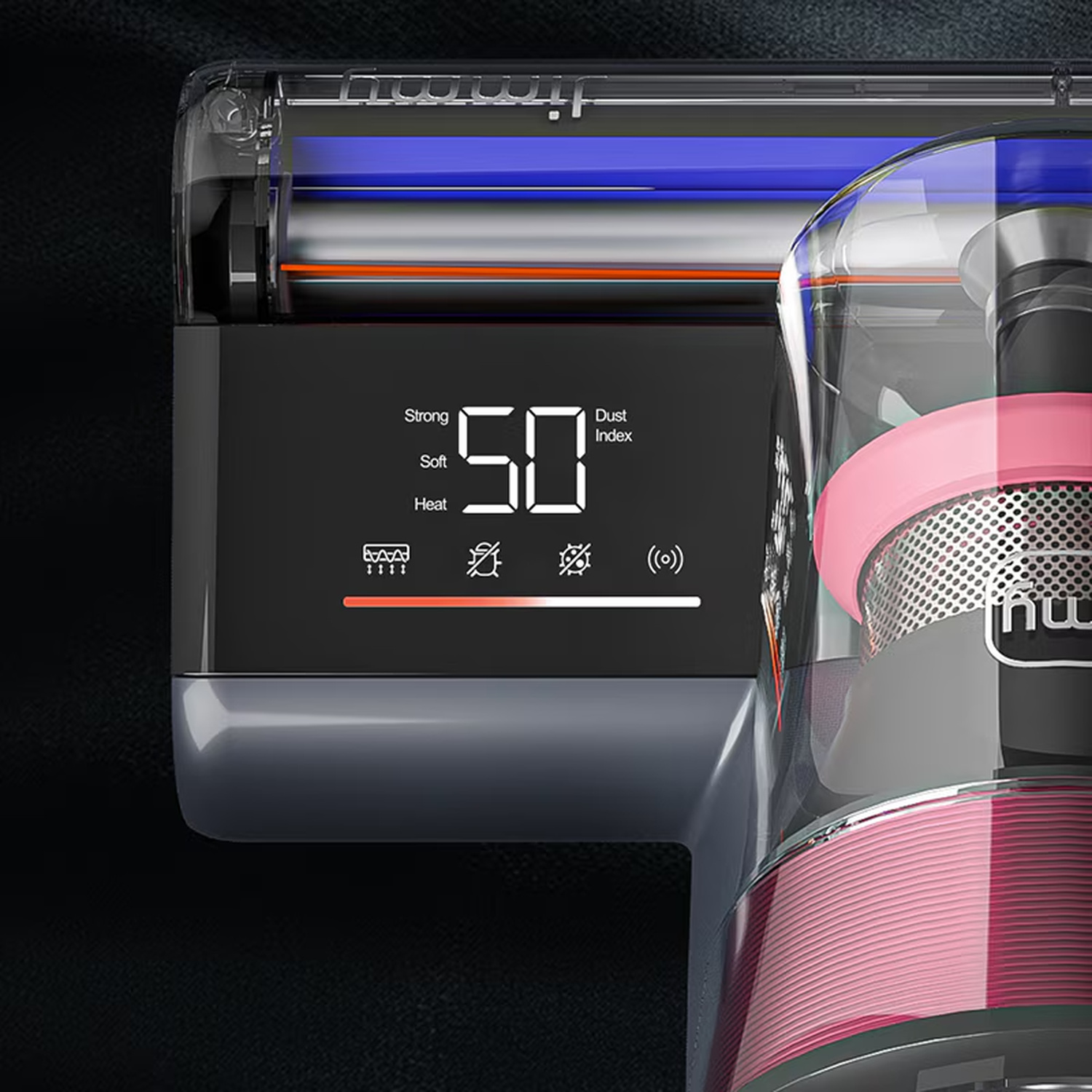 Primo piano di un display digitale con '50' e icone, accanto a una parte di aspirapolvere.