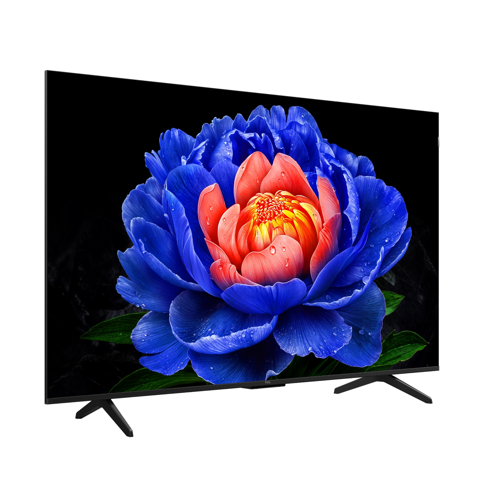 Modern bir TV, su damlalı mavi ve kırmızı çiçek resmi gösteriyor.