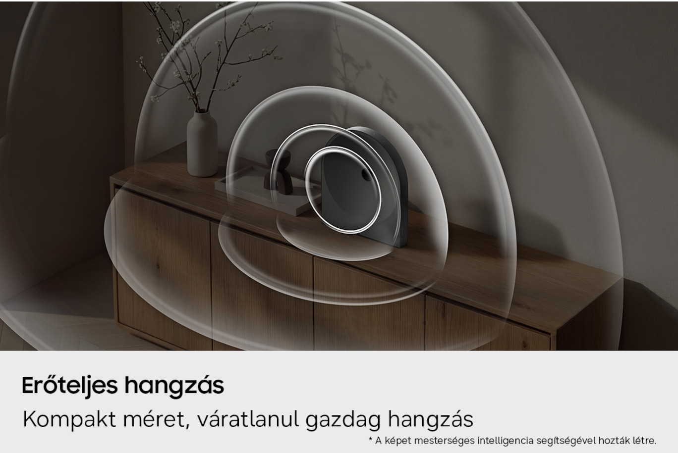 Fekete hangszóró fa szekrényen. Hanghullámok láthatók.