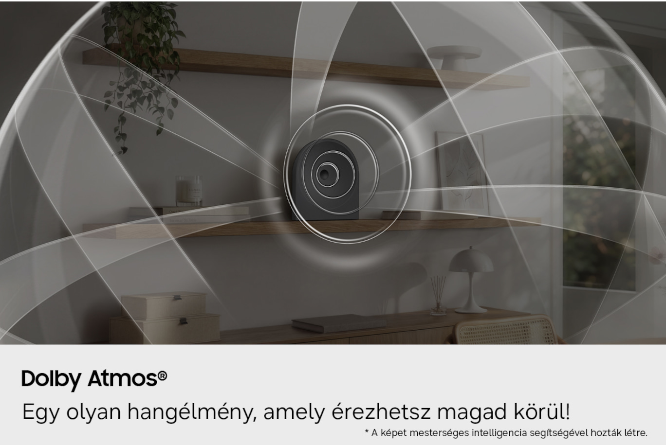 Egy sötét hangszóró a polcon, hanghullámokat szimuláló vonalakkal.