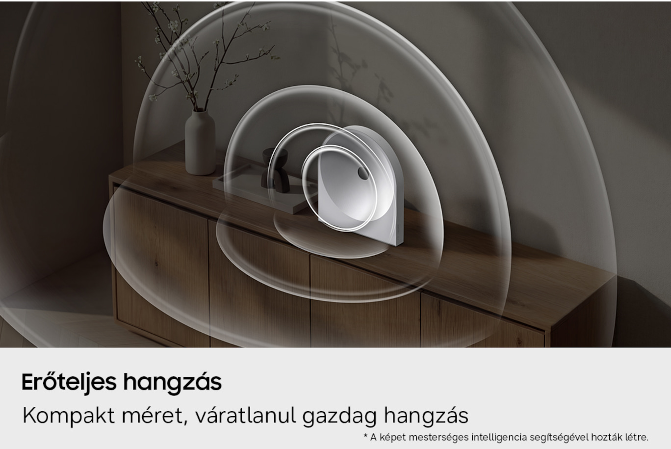 Fehér hangszóró fa szekrényen, hanghullámokkal.