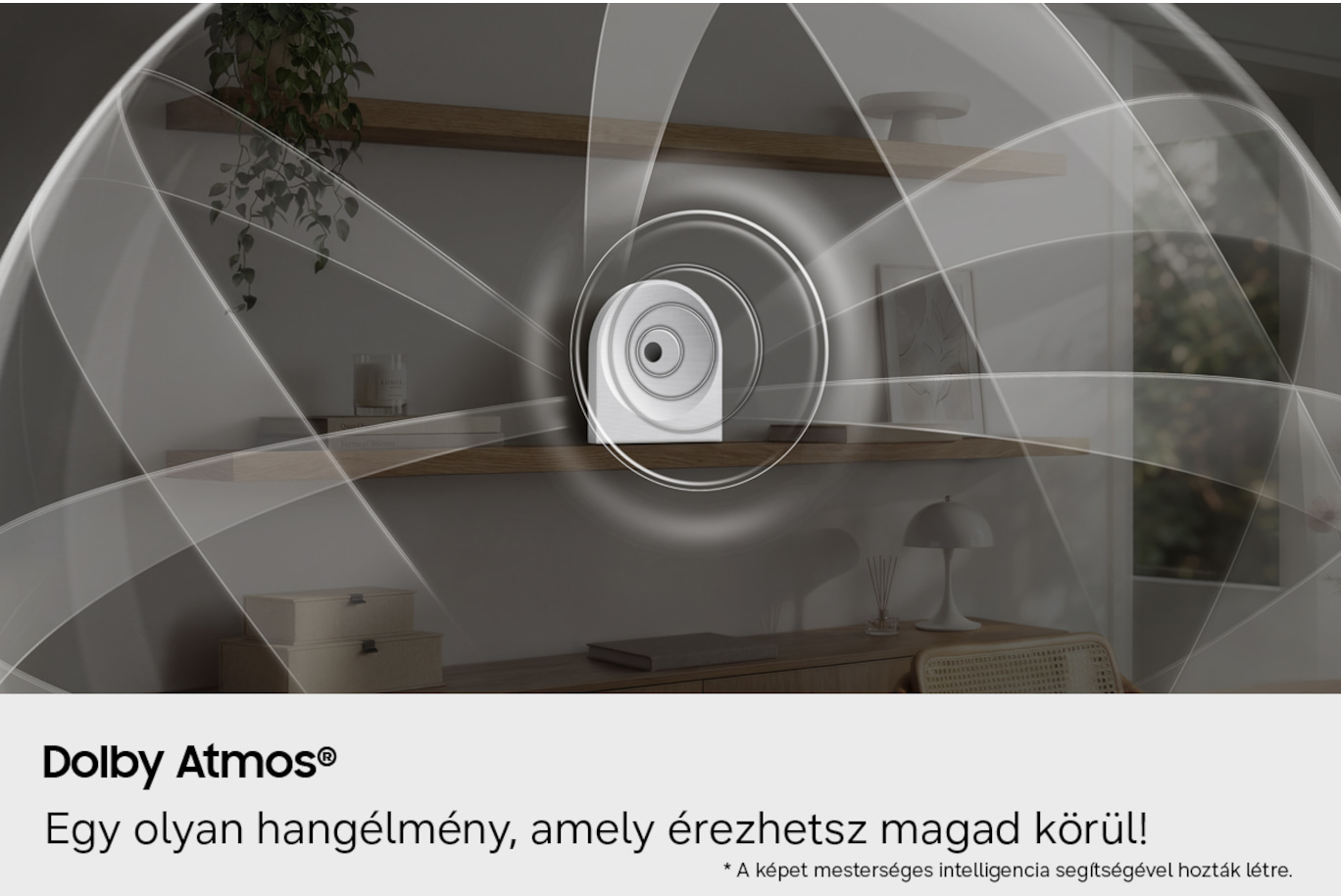 Egy hangszóró látható egy polcon, hanghullámok veszik körül.